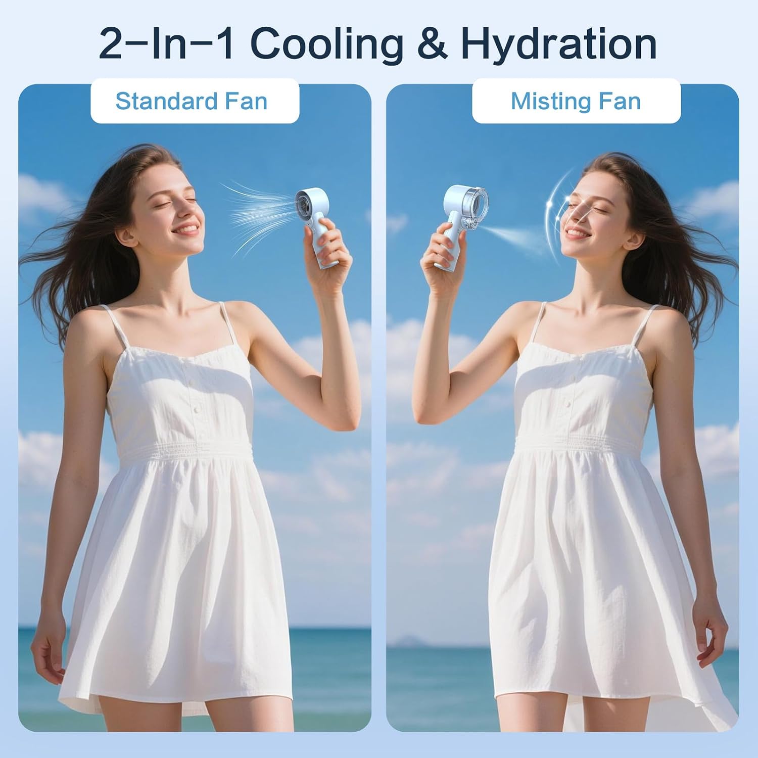 2-In-1 Handheld Misting Fan, Portable Water Spray Fan Rechargeable With 5 Speeds & Led Display, Personal Mini Cooling Fan With Detachable Tank, Summer Gifts For Women, Men - Blue