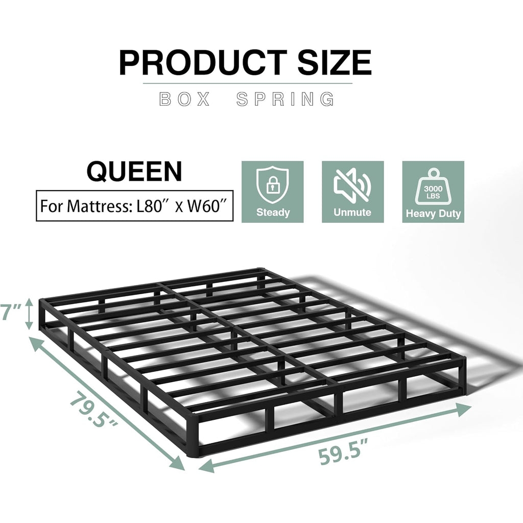 7 Inch Box Spring for Queen Bed, Heavy Duty Metal Mattress Foundation, 3000 lbs Capacity, High Profile, Noise-Free, Easy Assembly with Fabric Cover