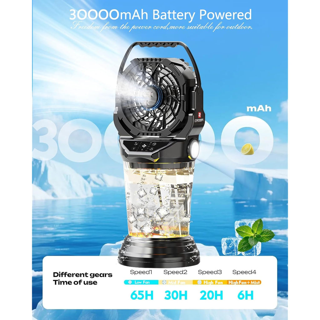 2026 New Portable Misting Fan With 30000Mah Rechargeable Battery, 120° Auto Oscillating Battery Powered Fan, 4 Speeds Spray Fan With Led Ambient Light For Camping, Patio, Outdoor, Travel (Black)
