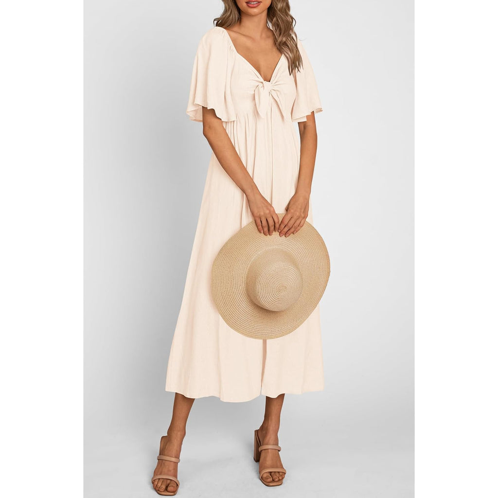 Prettygarden Summer Dress For Women 2026 Casual Short Sleeve Bow Tie V Neck Ruffle Midi Flowy Dresses