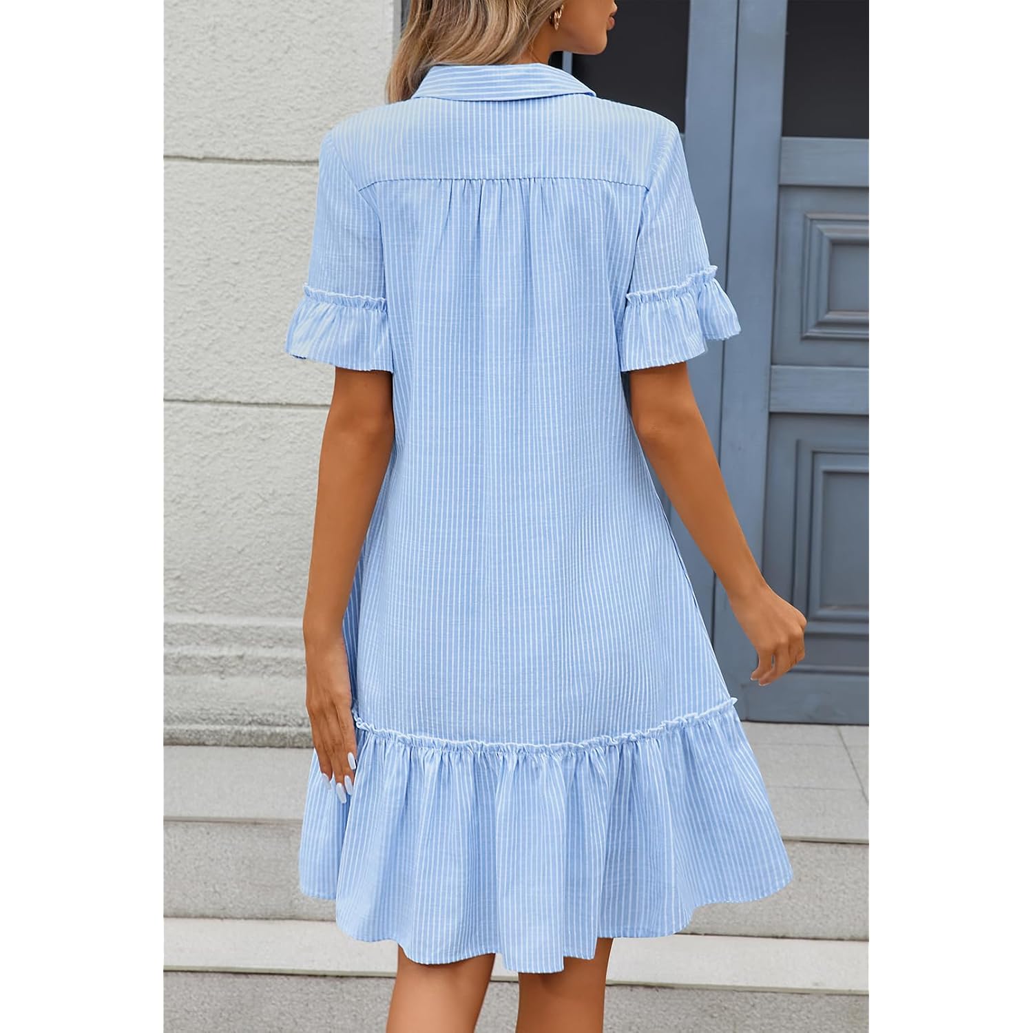 Merokeety Women'S 2026 Summer Casual Shirt Dress Button Down Ruffle Sleeve Shift Mini Dresses With Pockets