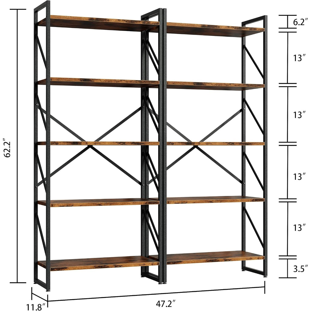 Shintenchi 5 Tiers Bookshelf, Classically Tall Bookcase Shelf, Industrial Book Rack, Modern Book Holder In Bedroom/Living Room/Home/Office, Storage Rack Shelves For Books/Movies-Rustic Brown