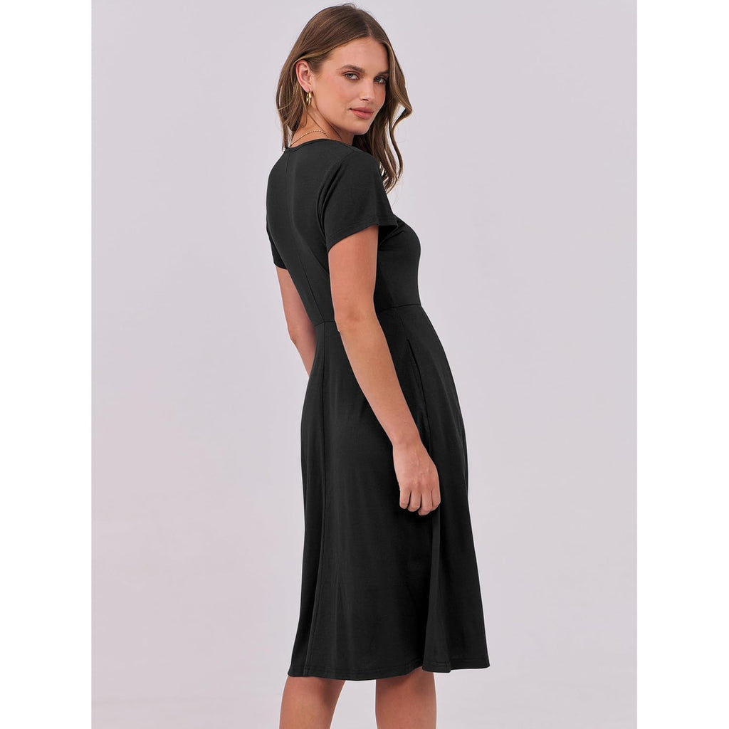 Women Summer Dress Casual Short Sleeve V Neck A-Line Knee Length Pleated Flowy 2026 Fashion Midi Dresses with Pocket