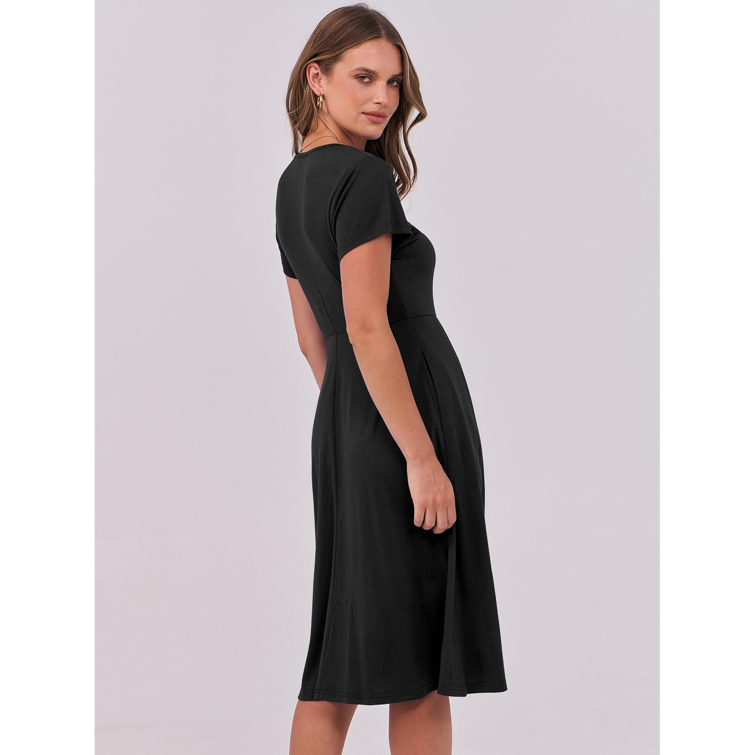 Women Summer Dress Casual Short Sleeve V Neck A-Line Knee Length Pleated Flowy 2026 Fashion Midi Dresses with Pocket