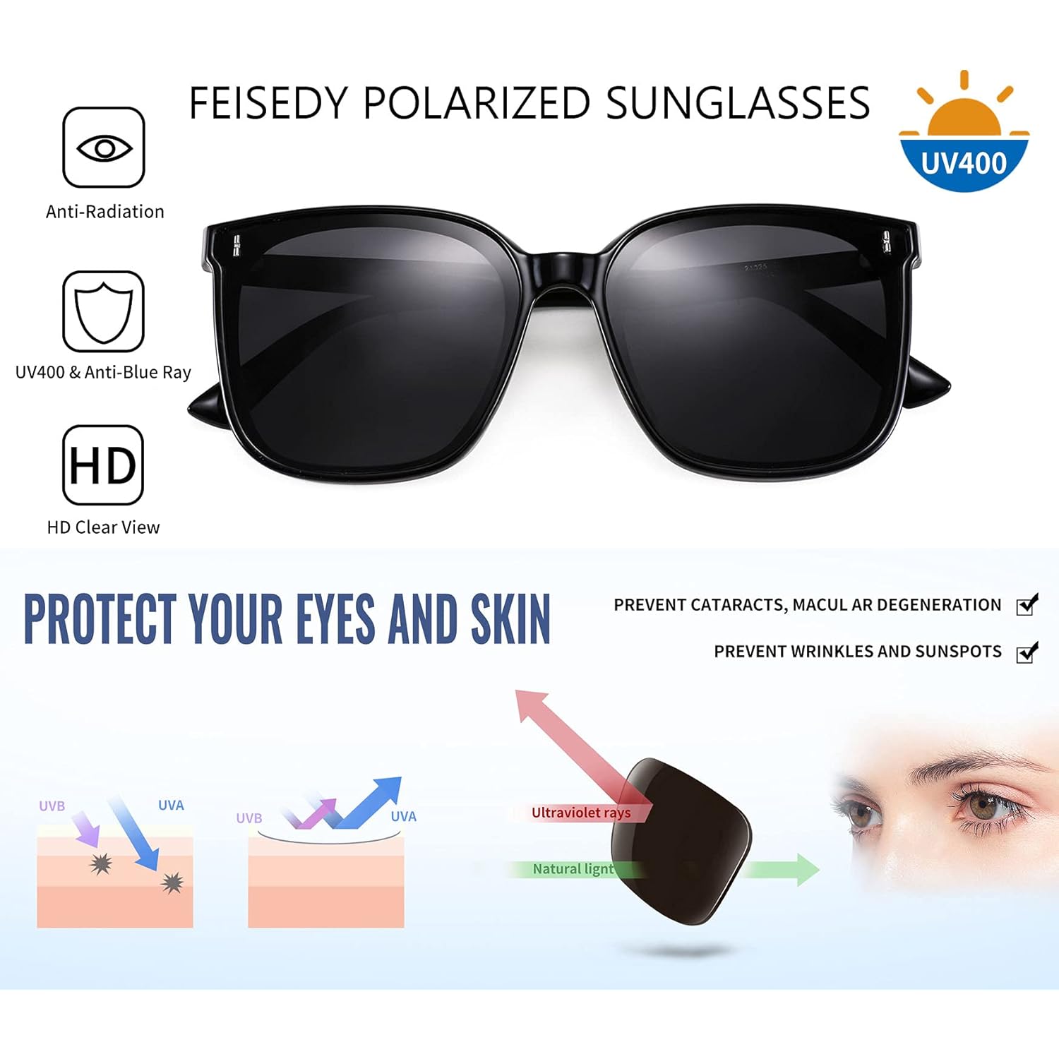 FEISEDY Women Oversized Vintage Polarized Sunglasses Square Cute Trendy Classic Simple Men B2758