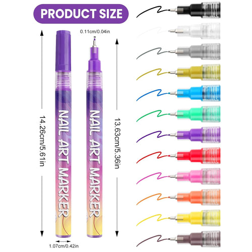 12 Color Acrylic Paint Pen Set, Kalolary Nail Art Polish Pens Nail Point Graffiti Dotting Pen Drawing Painting Liner Brush for DIY Nail Art Beauty Adorn Manicure Tools
