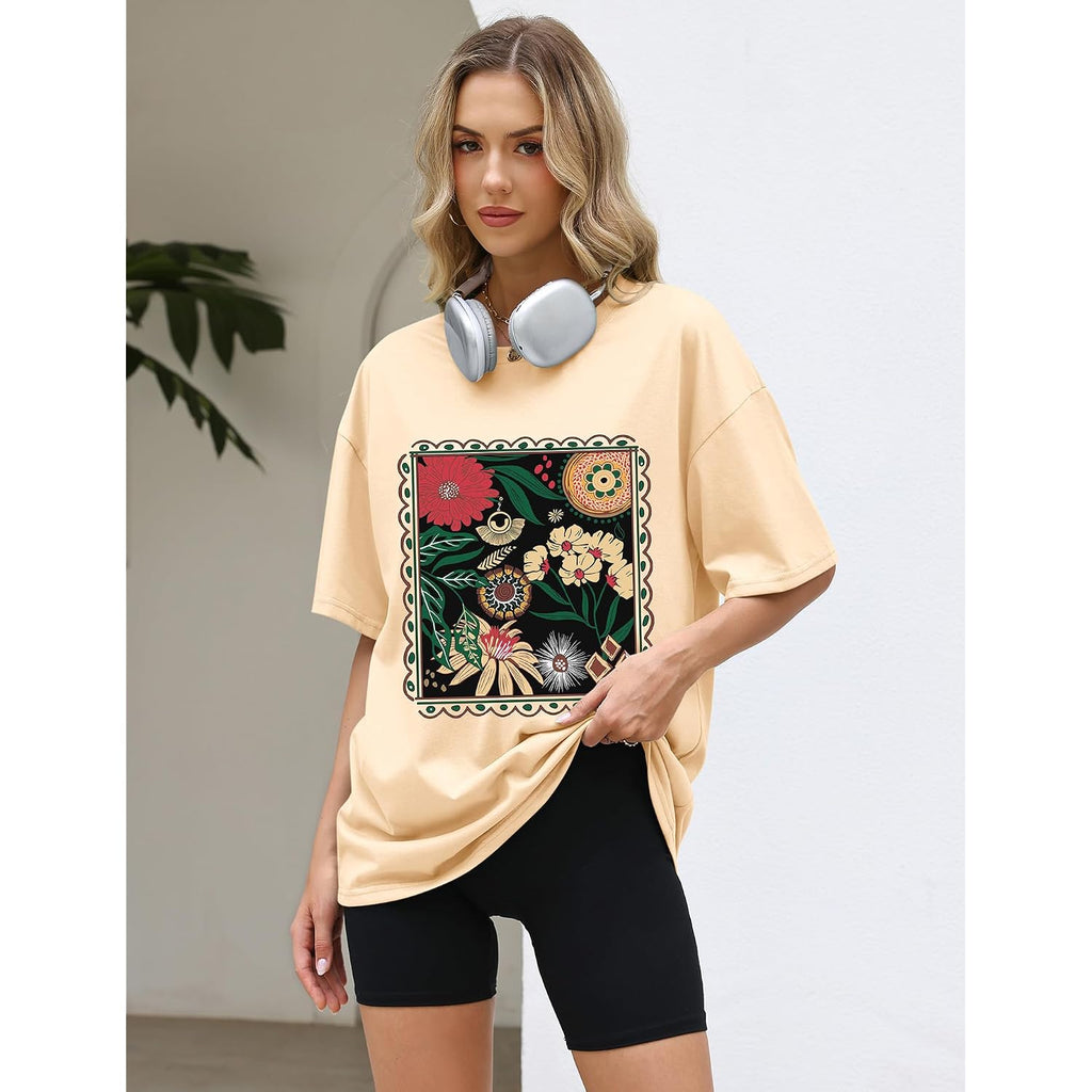 LOMON Oversized Graphic T Shirts for Women Short Sleeve Crewneck Summer Tops Loose Casual Basic Tees Apricot-plant Floral