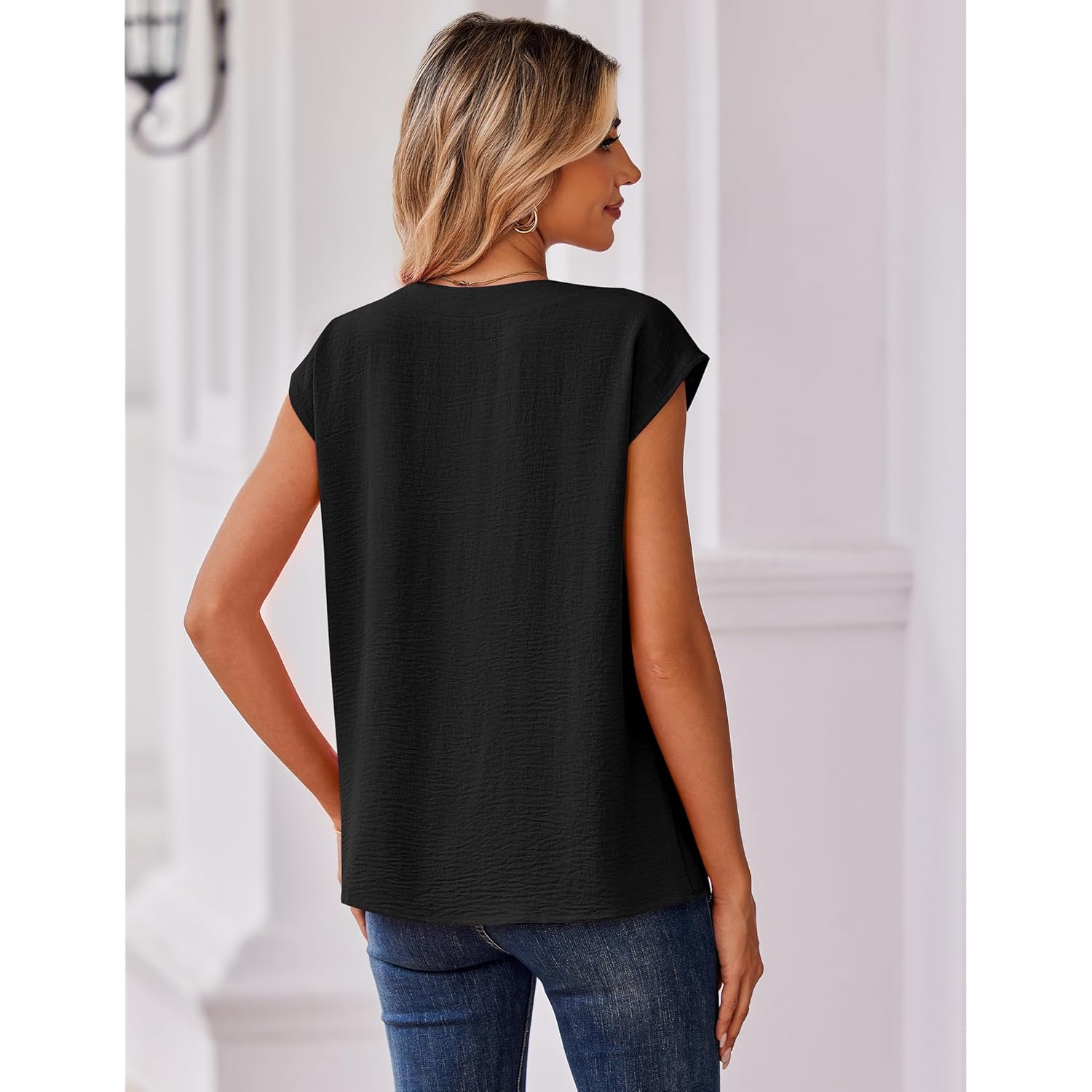 Womens Tops Cap Short Sleeve Textured Blouse V Neck Summer Spring Shirts Business Casual Outfits