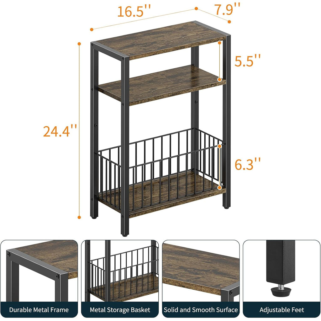Yoobure Narrow Side Table With Storage Basket, Small End Table For Small Spaces Skinny Side Tables Living Room Bedroom, Slim Nightstand 3 Tier Bedside Table Space-Saving For Magazine, Rustic Brown