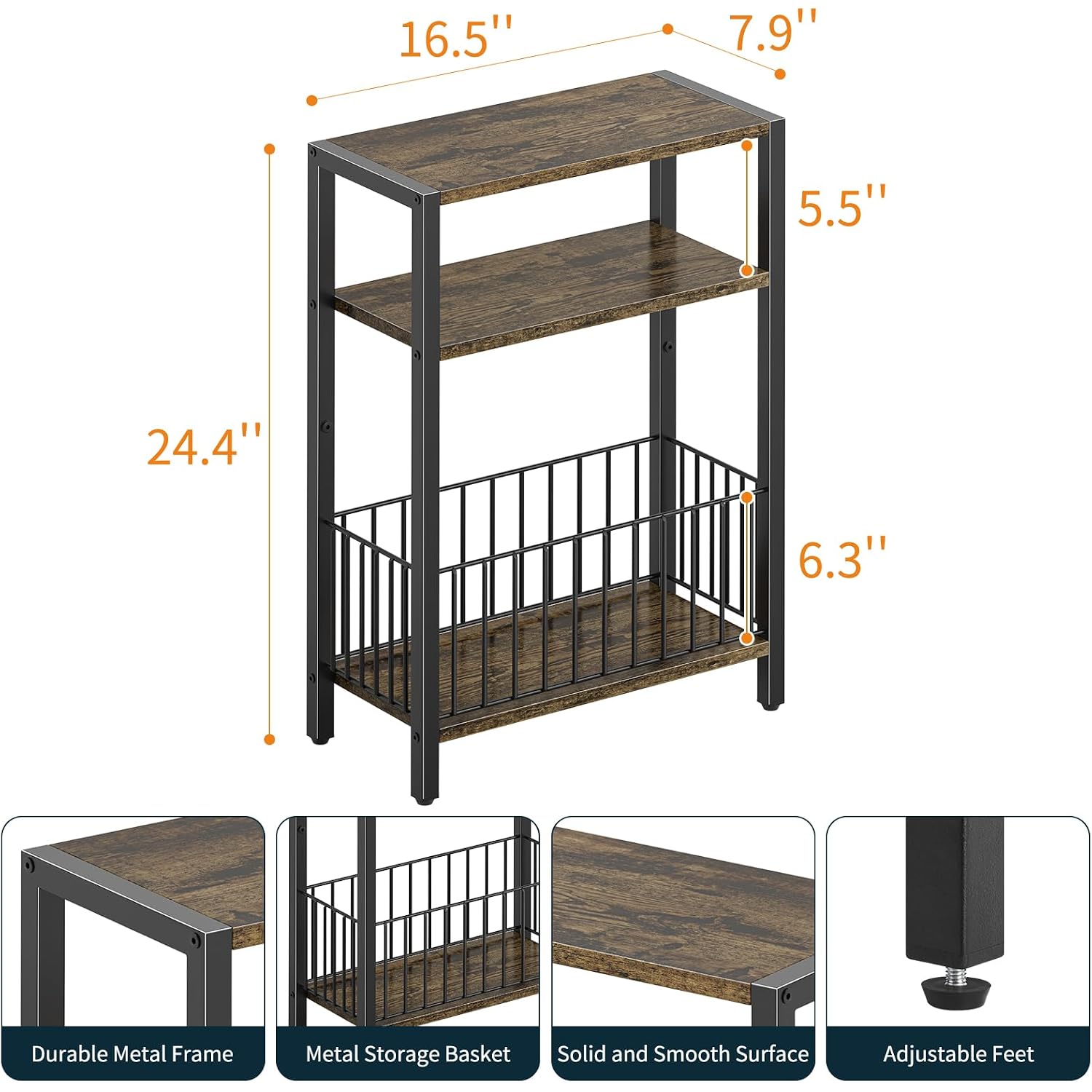 Yoobure Narrow Side Table With Storage Basket, Small End Table For Small Spaces Skinny Side Tables Living Room Bedroom, Slim Nightstand 3 Tier Bedside Table Space-Saving For Magazine, Rustic Brown