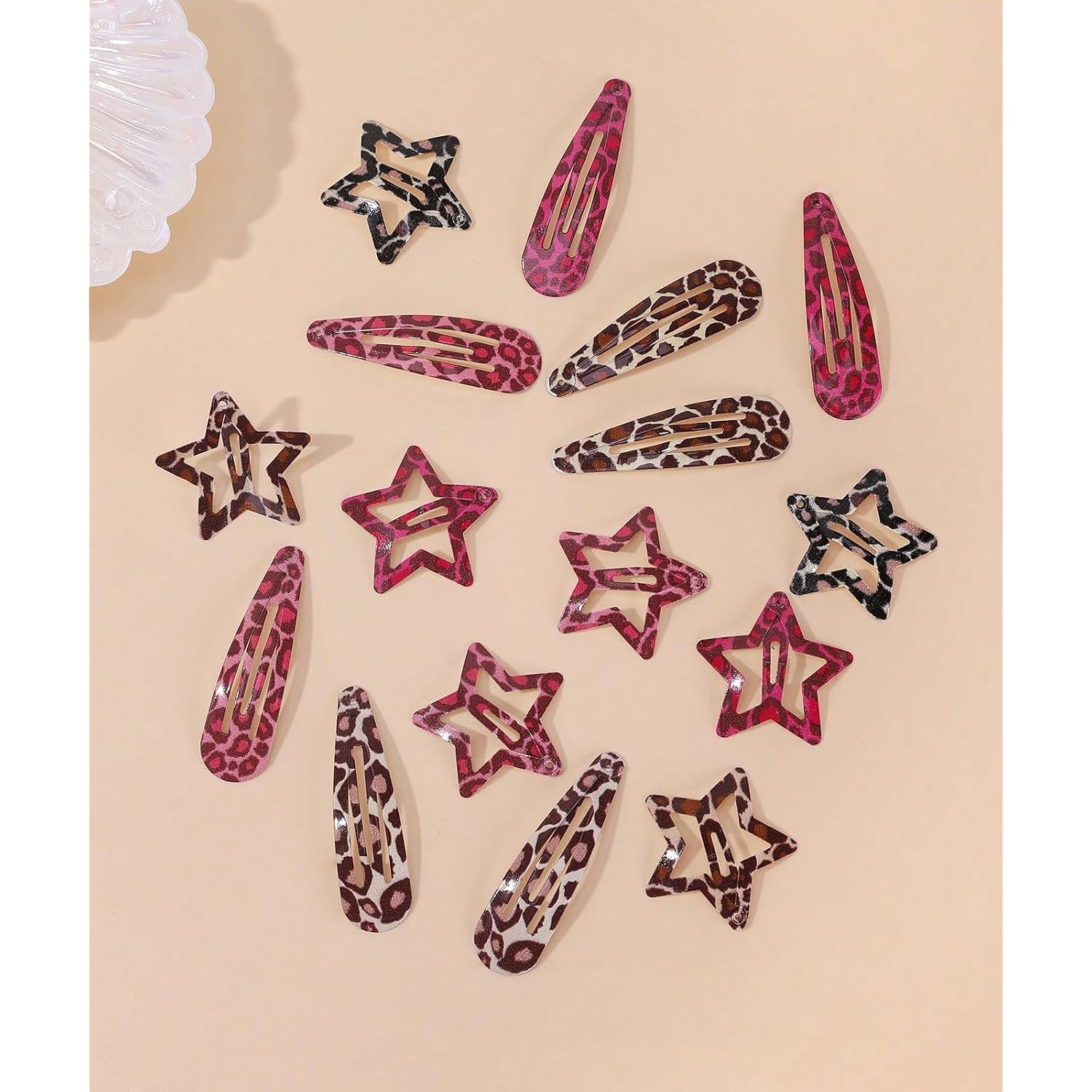 Metal Snap Hair Clips,8 Pairs Hair Barrettes For Women - Star & Water Drop Hair Barrettes, Non-Slip Y2K Accessories For Thin Thick Hair,Pink And Brown Leopard Print