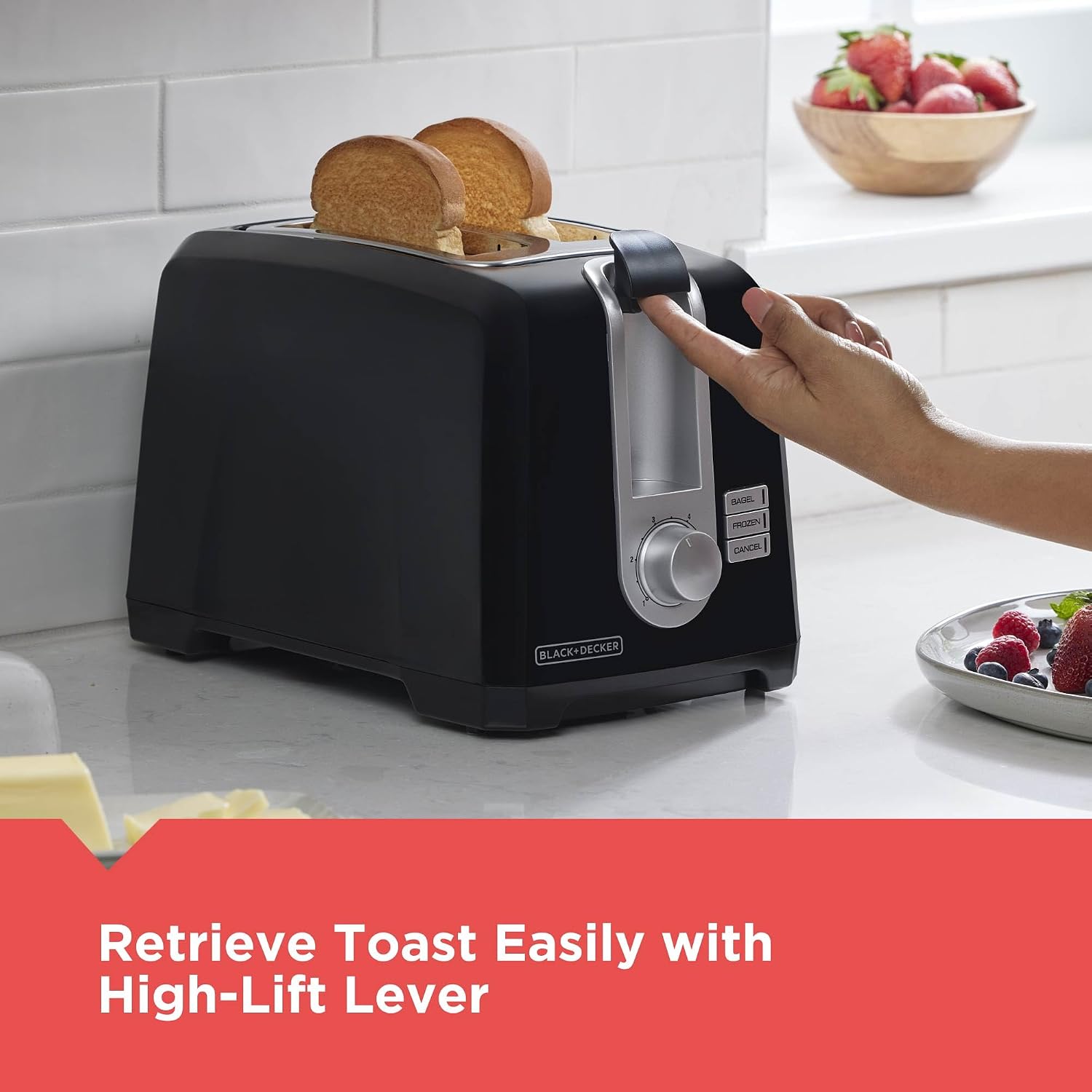 Black+Decker 2-Slice Toaster, Extra Wide Slots For Bagels & Thick Bread, 6 Browning Settings, Removable Crumb Tray, Cancel Button, 850W, Black