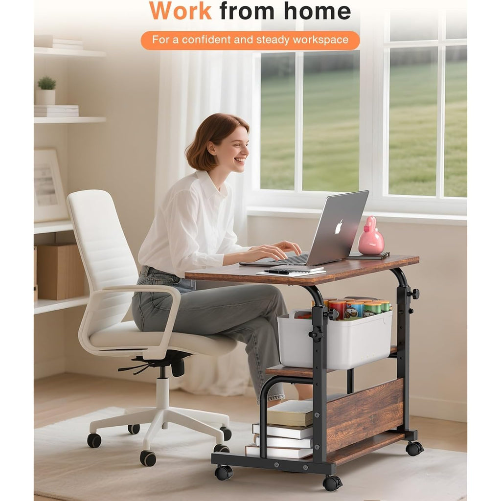 QZMDSM Portable Rolling Desk on Wheels Adjustable Height Desks for Small Spaces, 32" Computer Desk Drafting Tables with Storage Shelves for Home Office Rustic