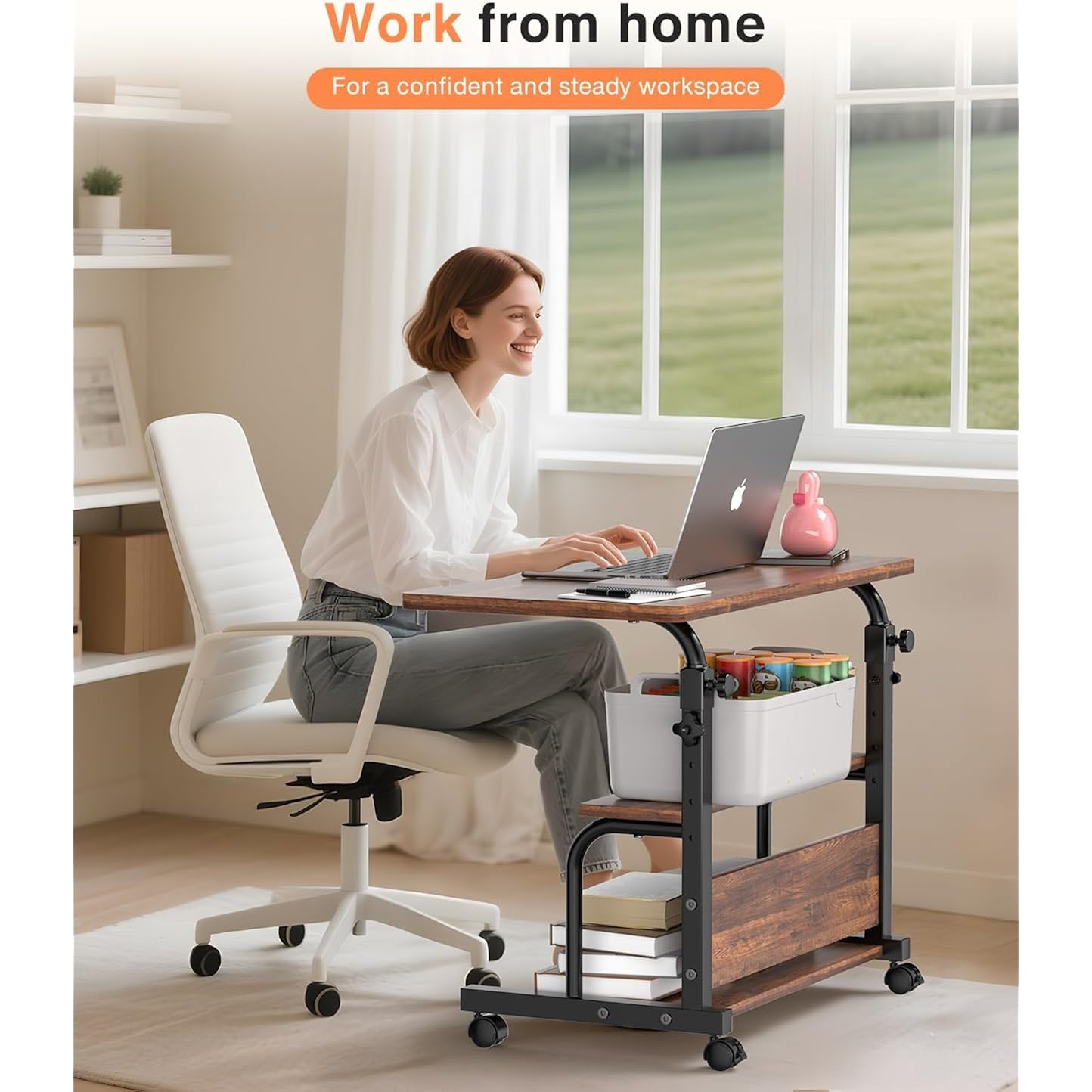 QZMDSM Portable Rolling Desk on Wheels Adjustable Height Desks for Small Spaces, 32" Computer Desk Drafting Tables with Storage Shelves for Home Office Rustic