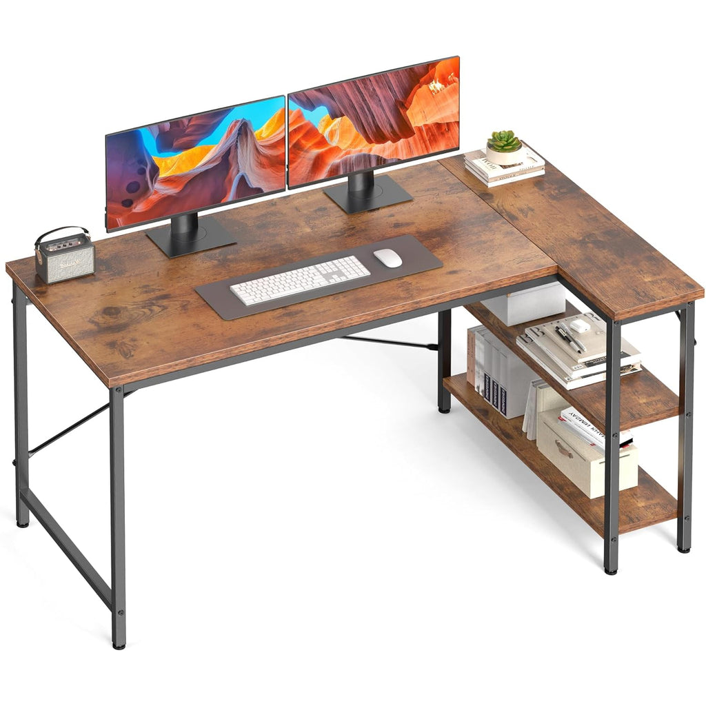 DUMOS L Shaped Desk 47 Inch Computer Desk Gaming Furniture Corner Desks Home Office PC Table with Reversible Storage Shelves for Writing Working Study Bedroom Dorm, Rustic Brown