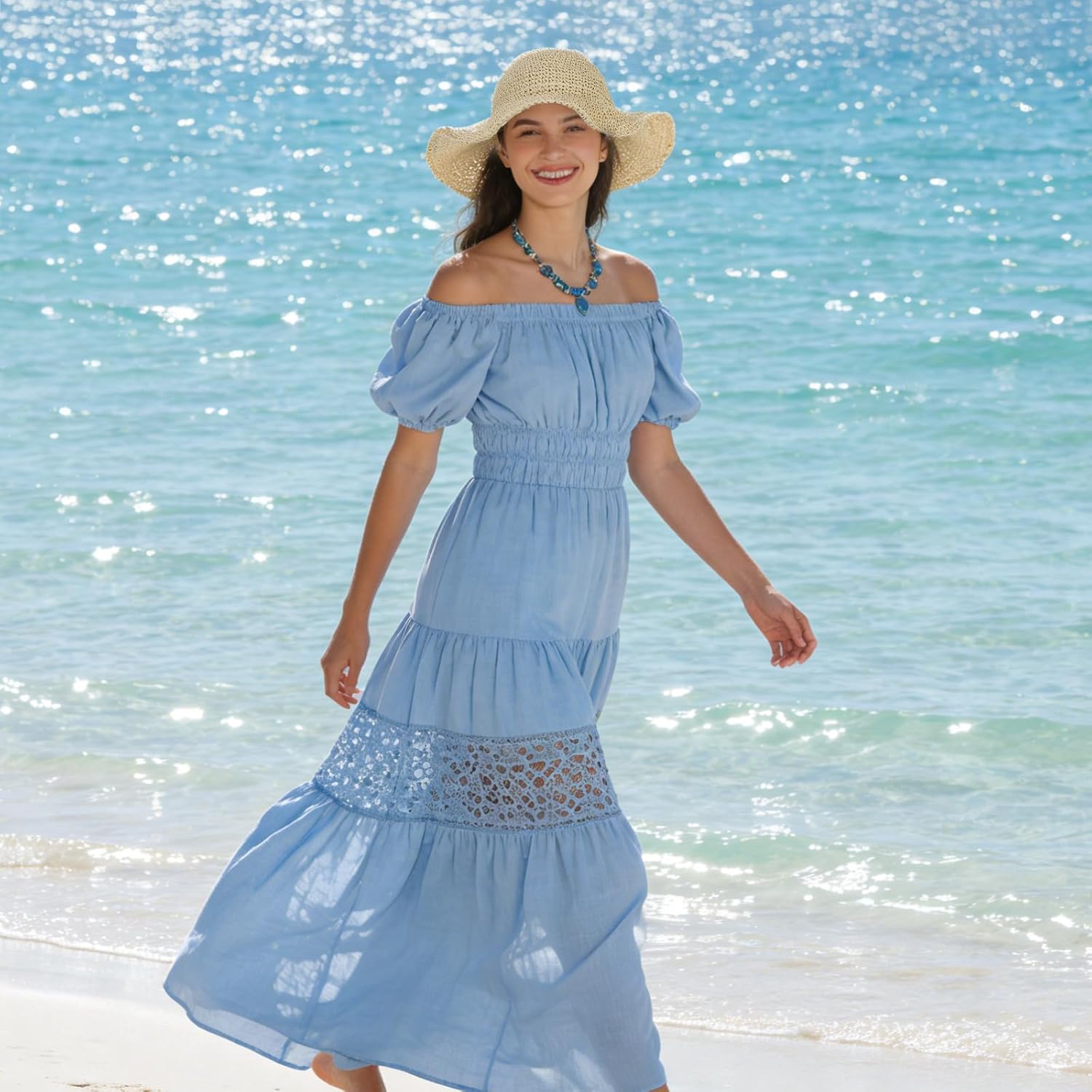 Oweisong Sun Hats for Women Wide Brim Floppy Beach Hats Packable Boho Crochet Straw Hat for Summer Vacation Travel