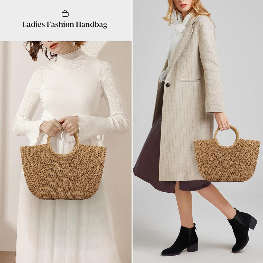 Women Summer Beach Bag, Straw Handbag Top Handle Big Capacity Travel Tote Purse Hand Woven Straw Large Hobo Bag
