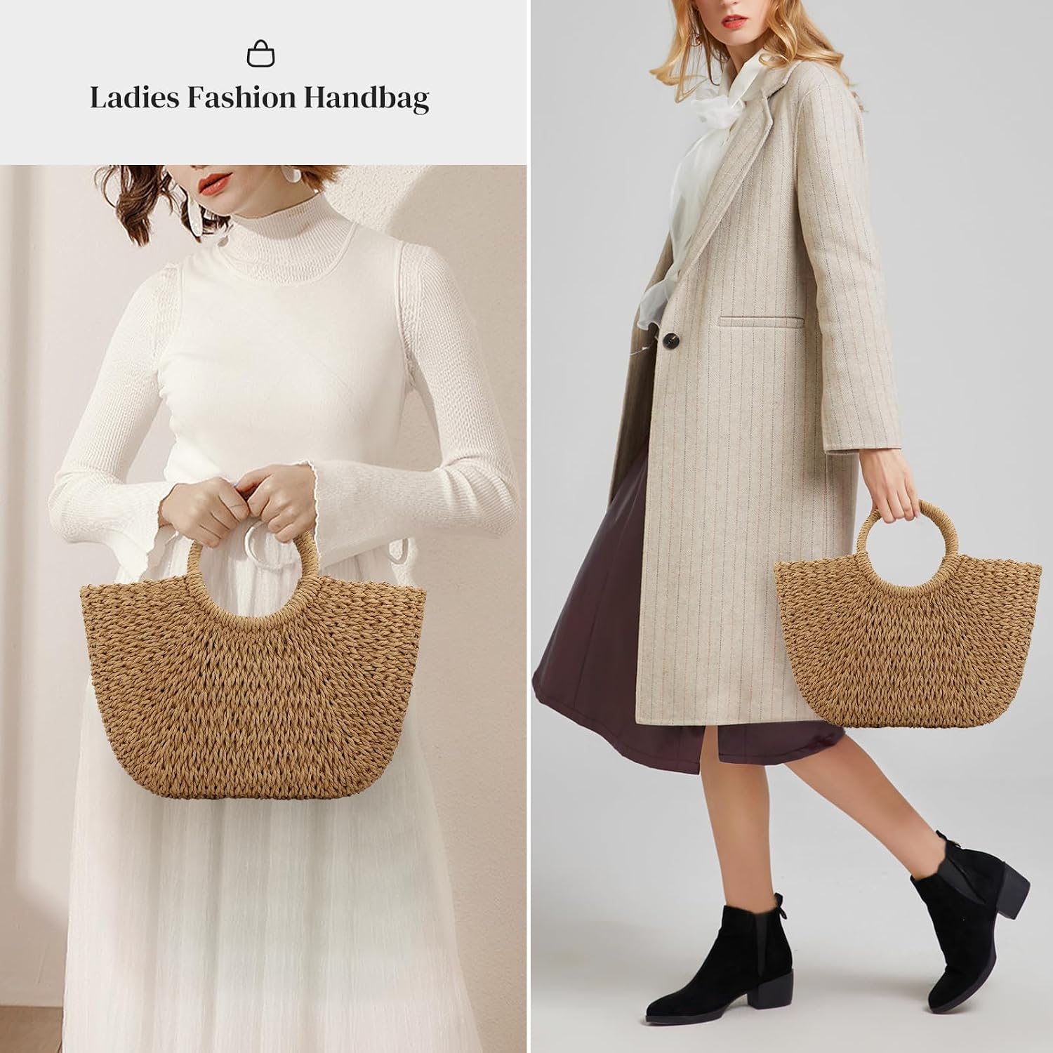 Women Summer Beach Bag, Straw Handbag Top Handle Big Capacity Travel Tote Purse Hand Woven Straw Large Hobo Bag