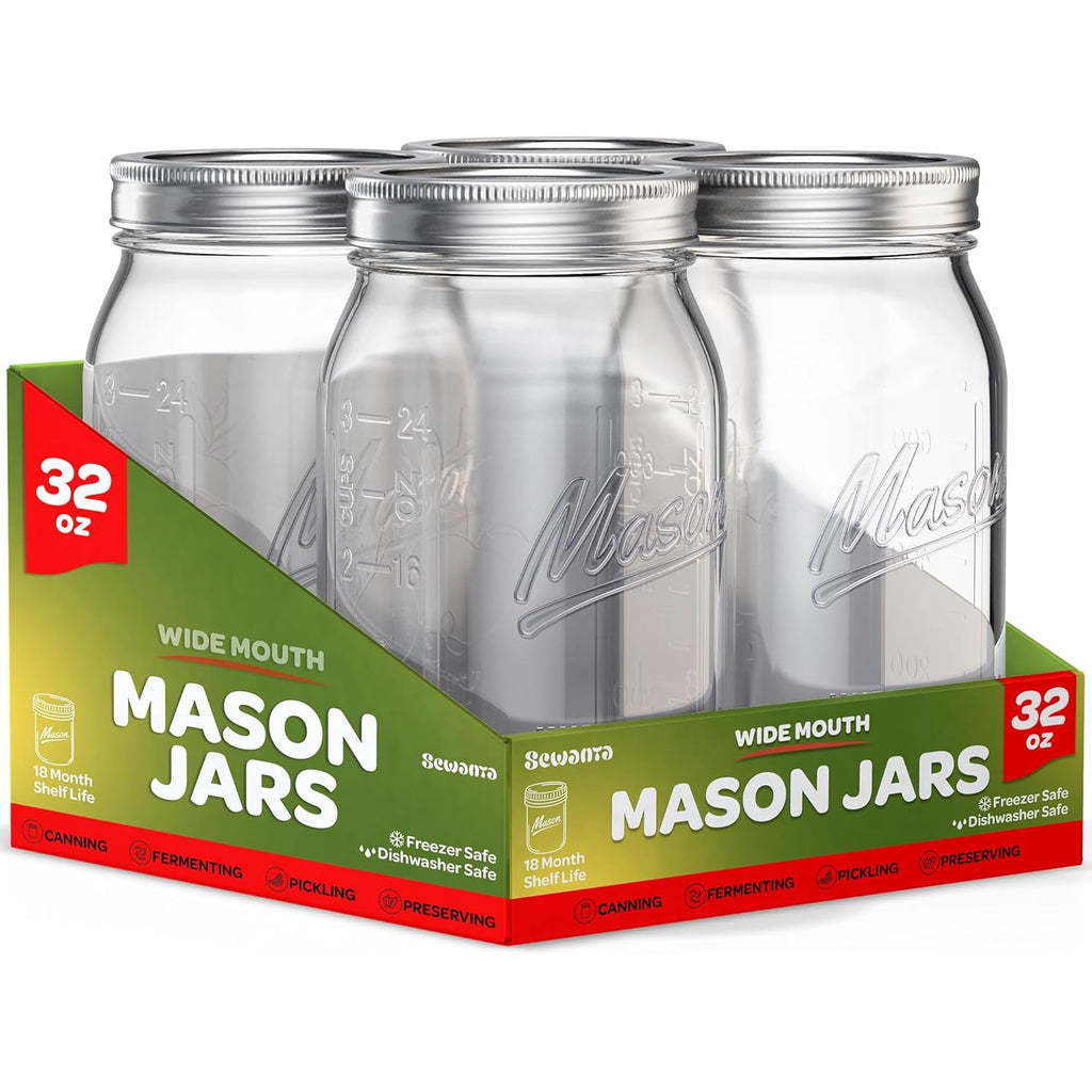 SEWANTA Wide Mouth Mason Jars 32 oz [4 Pack] With Mason Jar Lids and Bands, Mason Jars 32 oz - For Canning, Fermenting, Pickling - Jar Decor - Microwave/Dishwasher Safe.