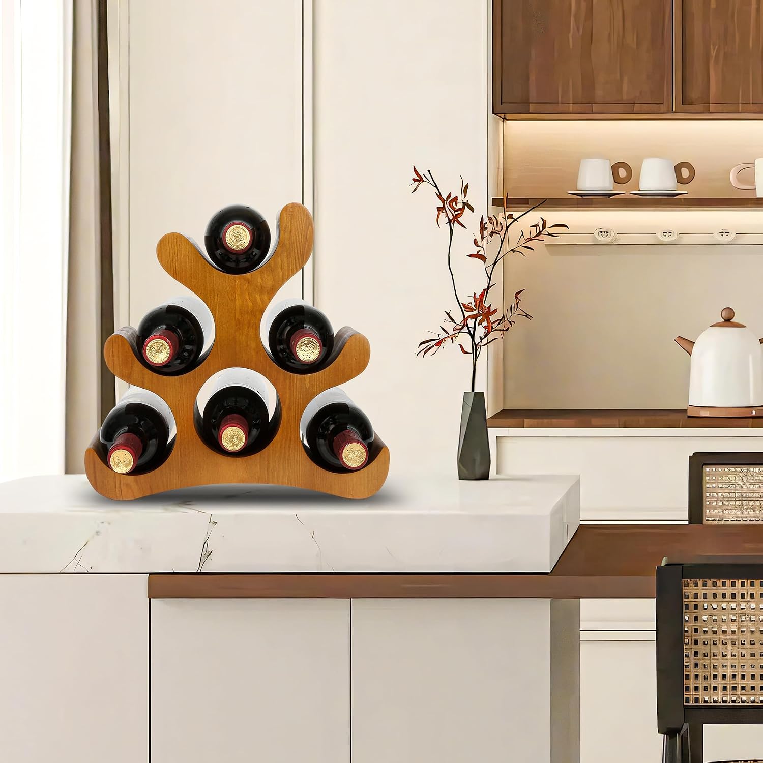Countertop Wine Rack - 6 Bottle Wooden Wine Rack - Freestanding Wine Bottle Holder Stand - Wine Storage Rack For Cabinet Pantry Bar Kitchen