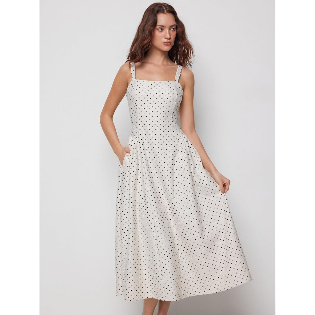 Cider Womens Polka Dots Summer Casual Dresses Square Neck Sleeveless Midi A Line Elegant Dress