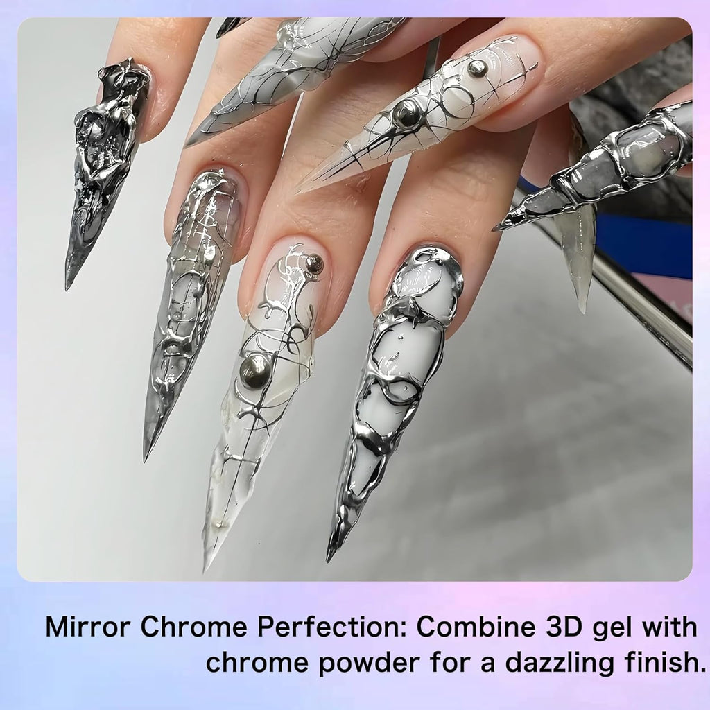 Creaglam 3D Nail Gel Art: 2pcs 16ML Sculpting Gel Nail Glue for Carving Patterns Decoration - Chrome Nail Powder and DIY Nail Charms - 4 in 1 Clear No Wipe Gel Nail Polish Rhinestone Nail Art Glue