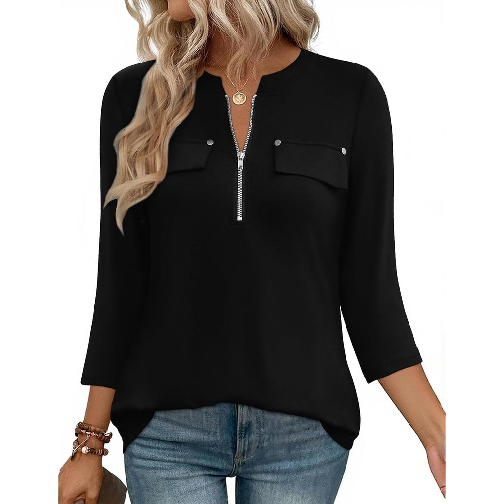 LOMON 3/4 Length Sleeve Womens Tops Business Casual Zip Front V Neck Shirt Loose Fit Work Tunic Blouse