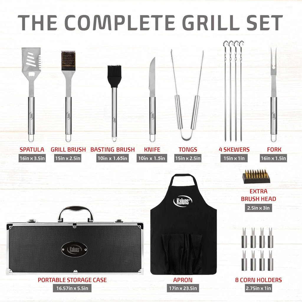 Kaluns Grilling Accessories, Dad Gifts For Fathers Day, Grilling Gifts, Heavy Duty Stainless Steel Bbq Tool Set For Outdoor Grill With Aluminum Case And Apron, Birthday Gifts For Men Women