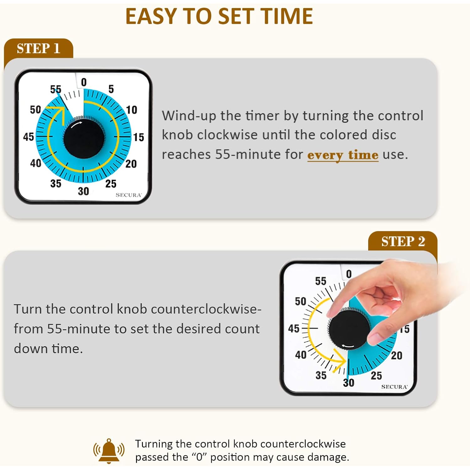 Secura 60-Minute Visual Countdown Timer, 7.5-Inch Oversize Classroom Visual Timer For Kids And Adults, Durable Mechanical Kitchen Timer Clock With Magnetic Backing (Blue)