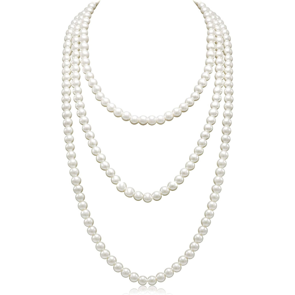 Long Pearl Necklaces for Women Cream White Faux Pearl Strand Layered Necklace Costume Jewelry
