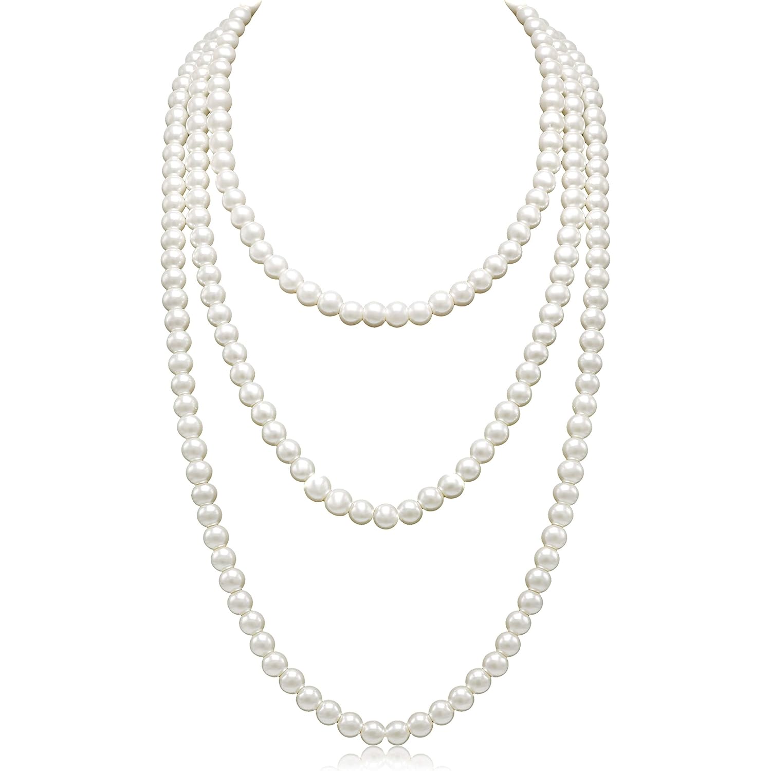 Long Pearl Necklaces for Women Cream White Faux Pearl Strand Layered Necklace Costume Jewelry