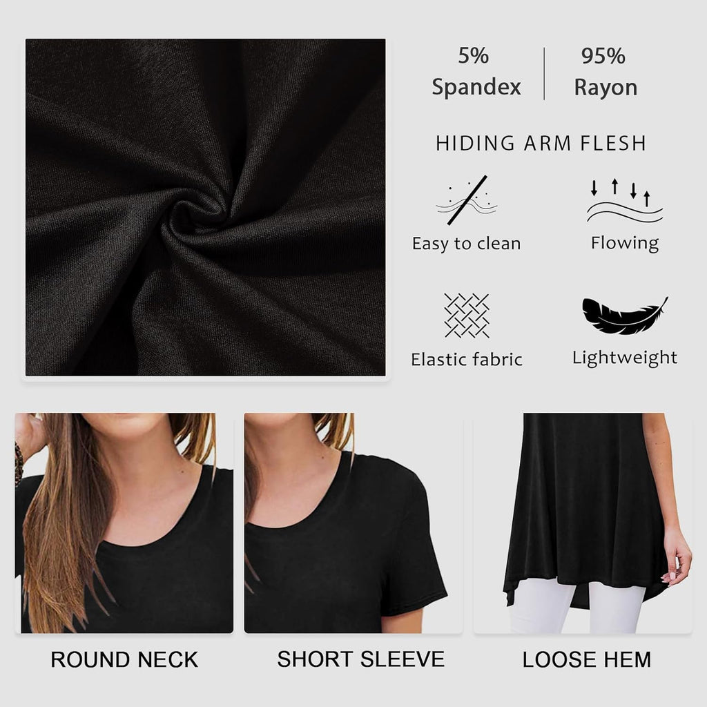 Women's Summer Long Tunic Top To Wear With Leggings Short Sleeve Shirt Loose Fit Dressy