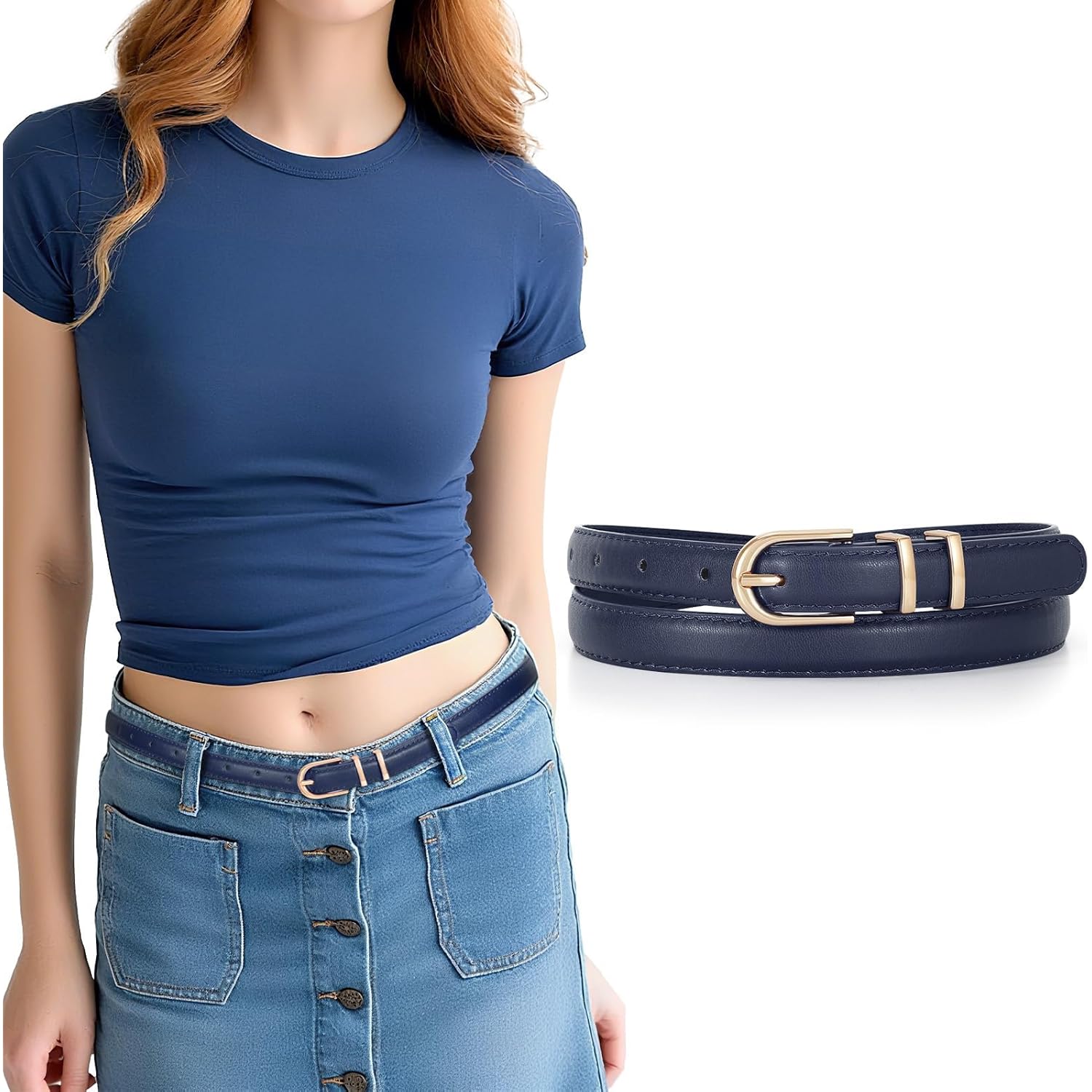 JASGOOD Womens Skinny Leather Belt Ladies Thin Faux Leather Belt with Gold/Silver Buckle for Jeans Dress Pants
