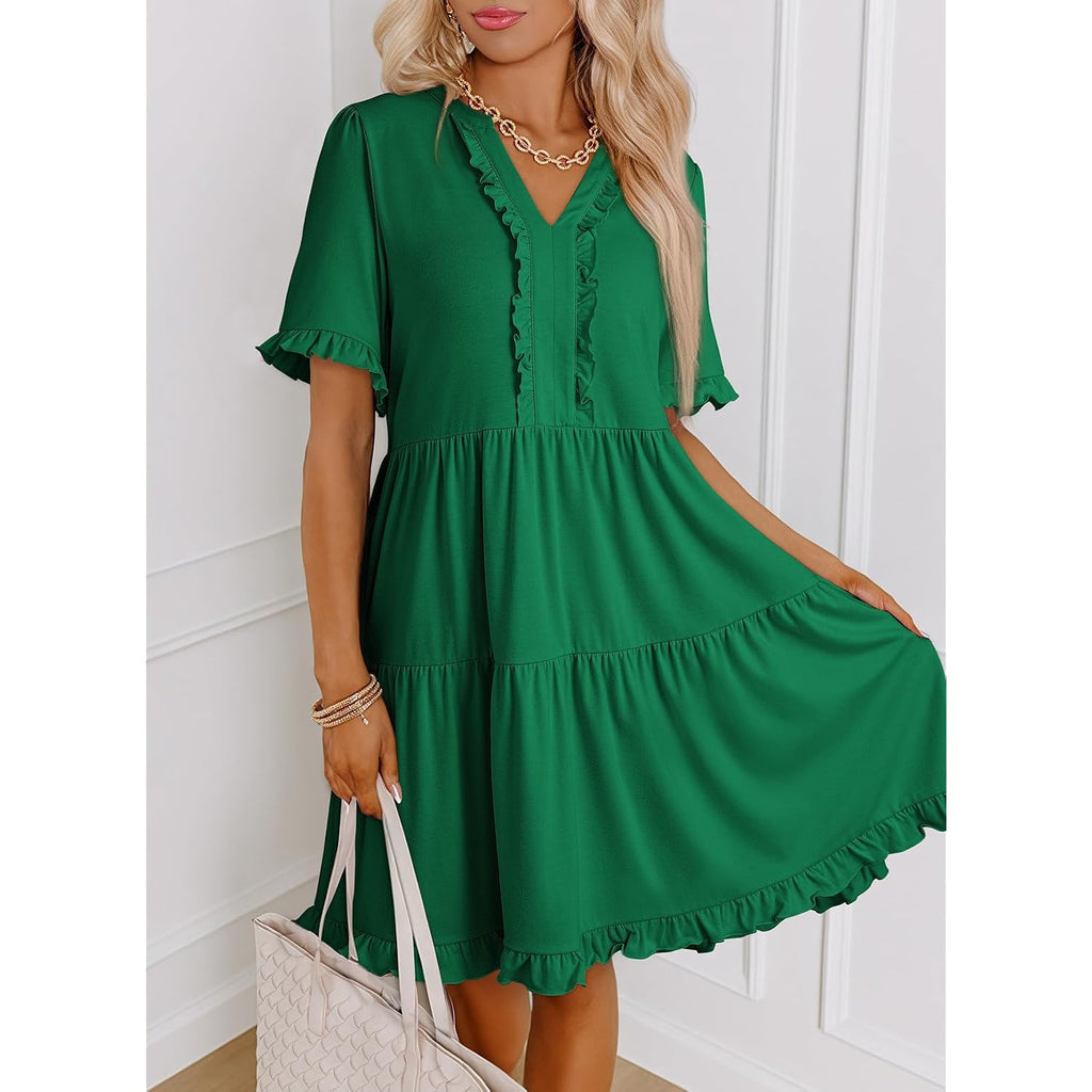 Dokotoo Womens Summer Dresses 2026 V Neck A Line Short Sleeve Casual Ruffle Babydoll Mini Dress