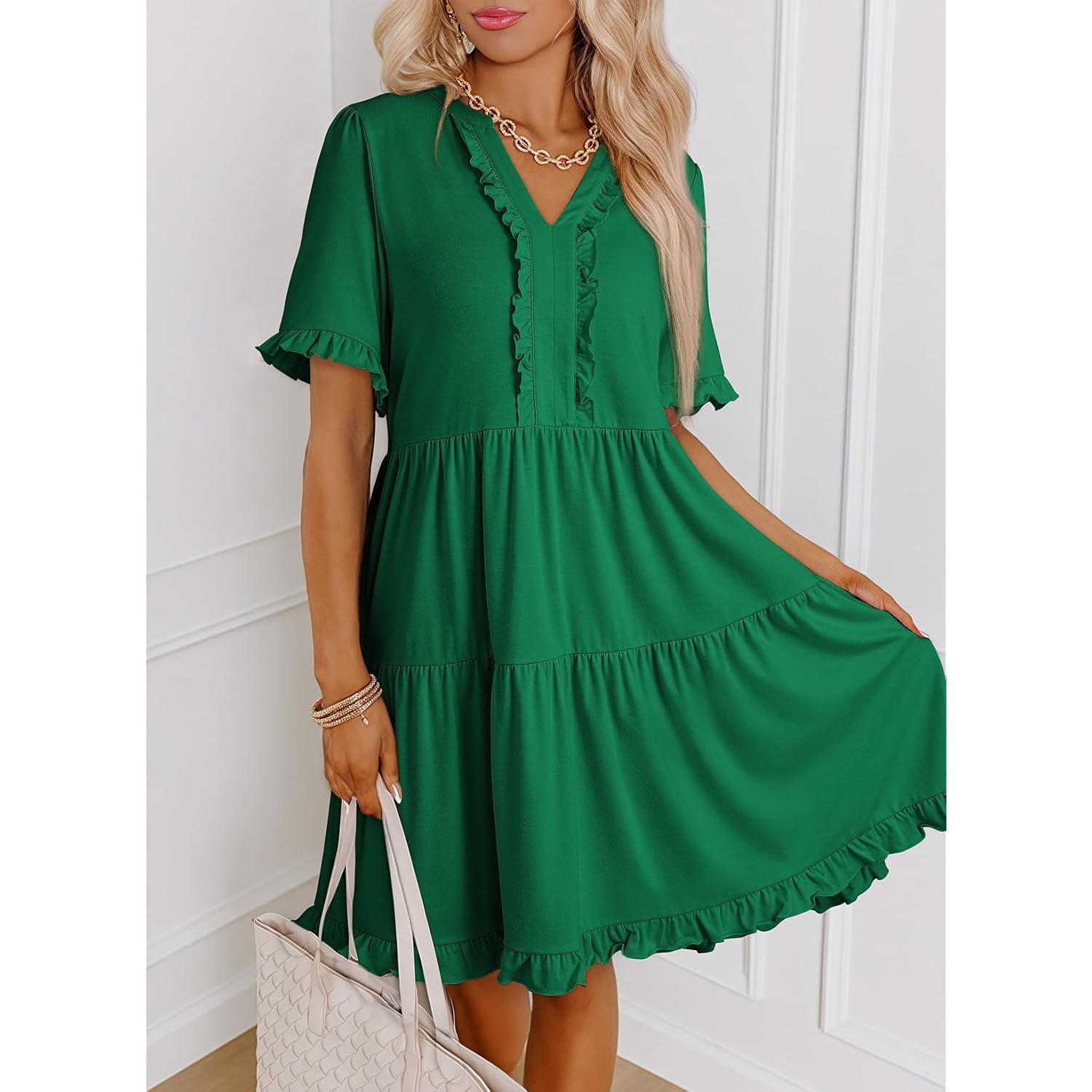 Dokotoo Womens Summer Dresses 2026 V Neck A Line Short Sleeve Casual Ruffle Babydoll Mini Dress