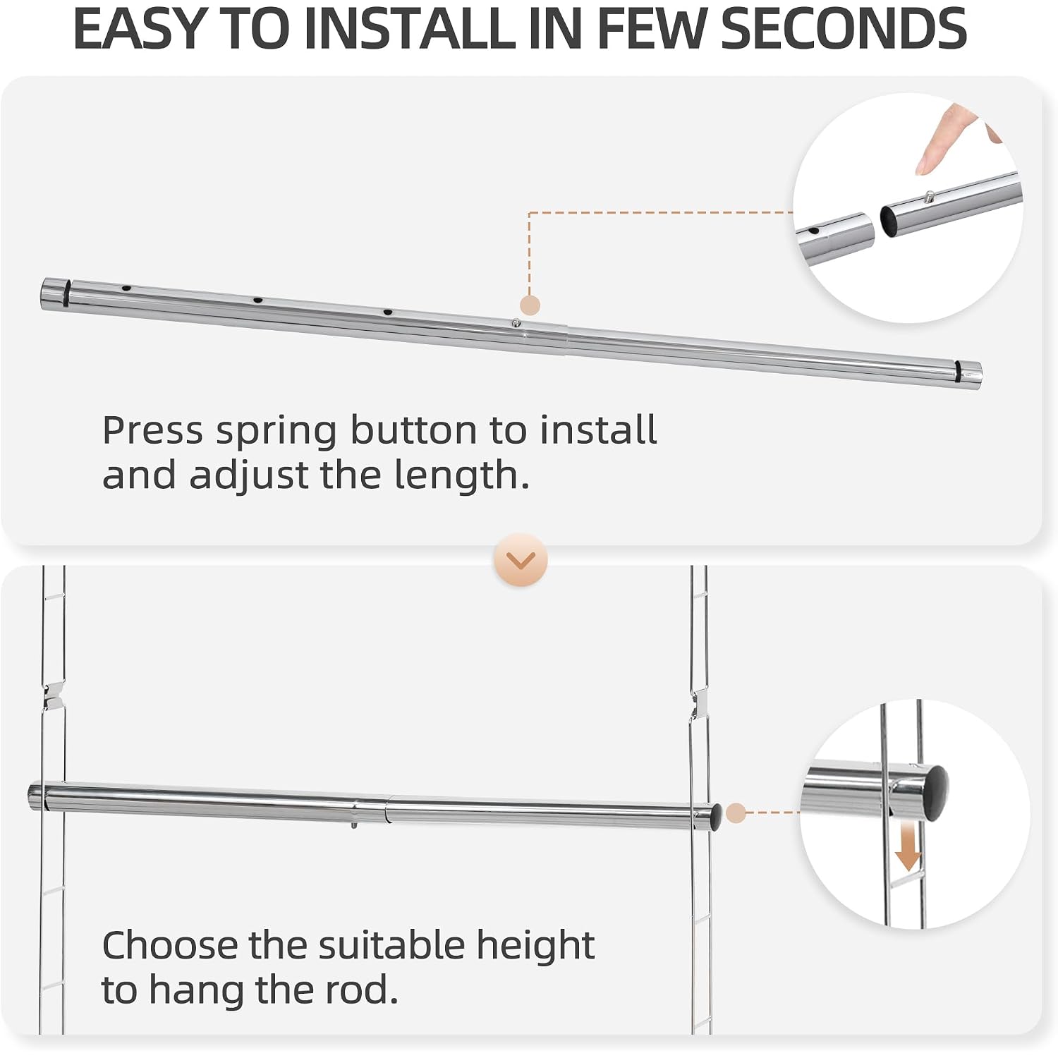 Storage Maniac Hanging Closet Rod, Adjustable Width And Height Closet Hanging Organizer, Space-Saving Clothes Hanging Bar, Closet Extender Hanging Rod Double Closet Hanging Rod, 2 Pack Chrome