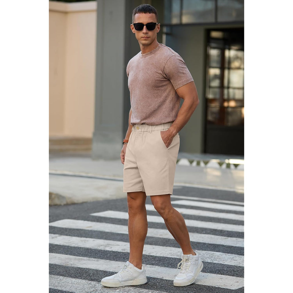 Rqp Men'S Cotton Casual Classic-Fit 7" Chino Shorts Elastic Waist Daily Wear Dress Baech Summer Shorts