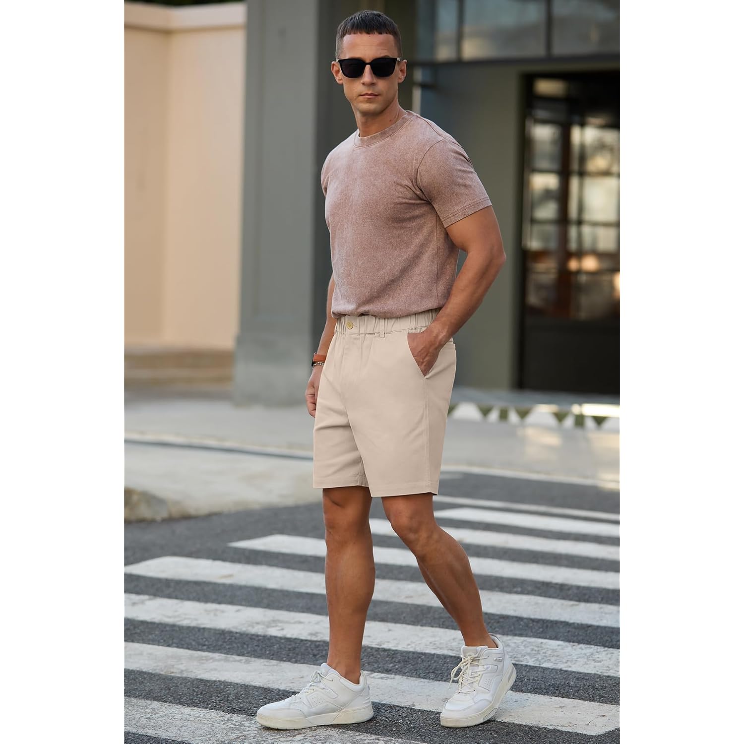 Rqp Men'S Cotton Casual Classic-Fit 7" Chino Shorts Elastic Waist Daily Wear Dress Baech Summer Shorts