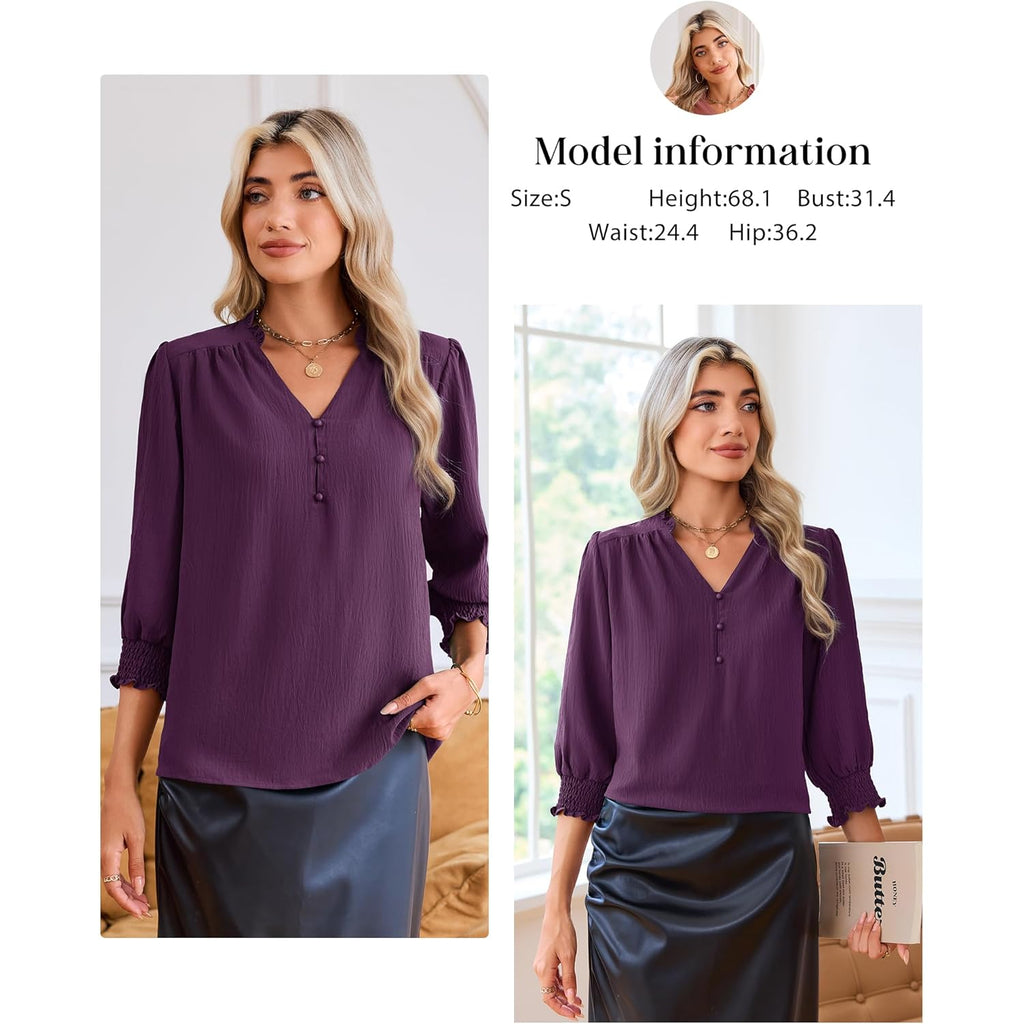 Blouses for Women Dressy Casual 3/4 Length Sleeve Womens Tops 2026 Fashion Spring Trendy Smocked Business Casual Work