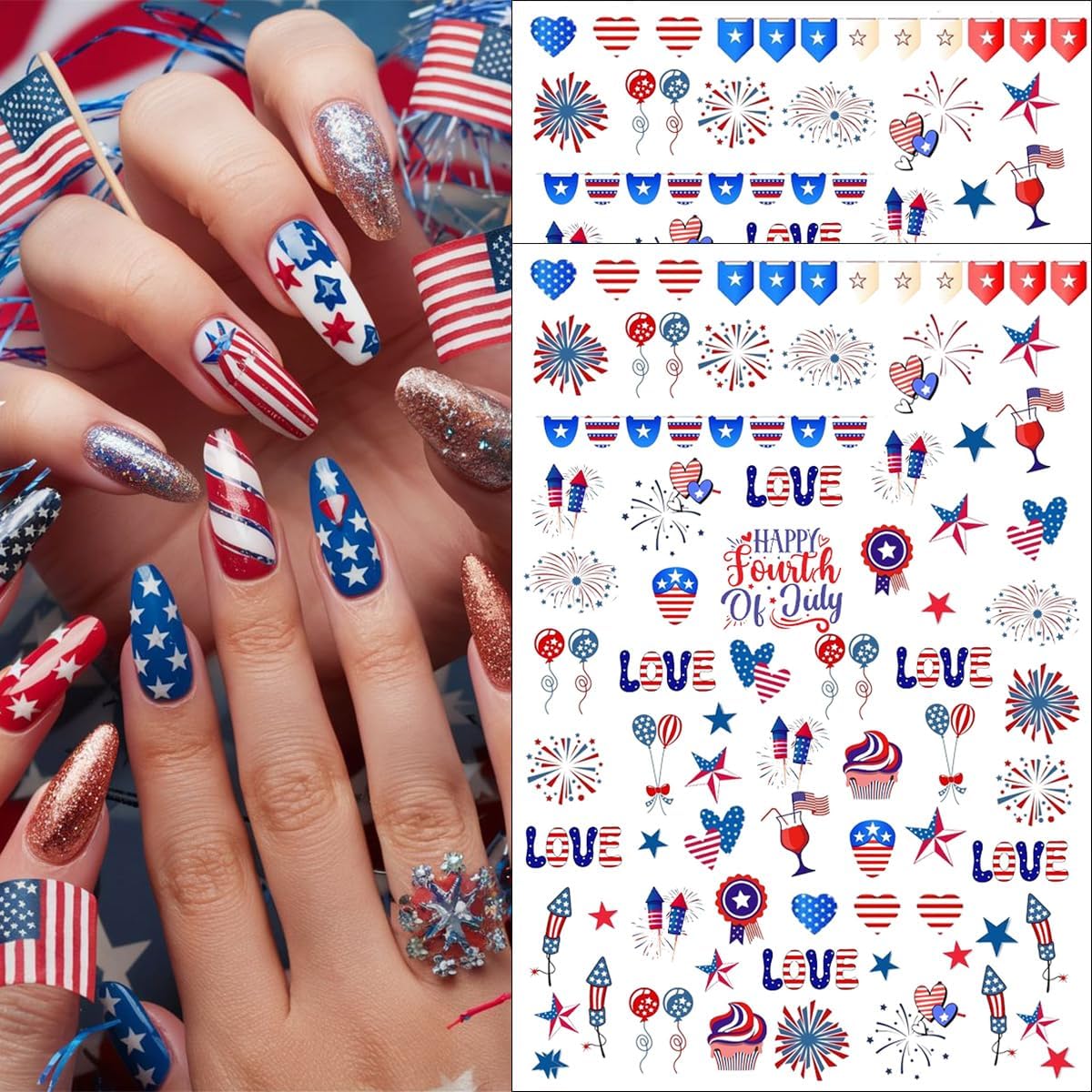 6 Sheets 4th of July Nail Stickers for Nail Art 3D Self Adhesive Independence Day Nail Art Stickers American Flag Stars Letters Fireworks Nail Decals Fourth of July Design Sticker for Women