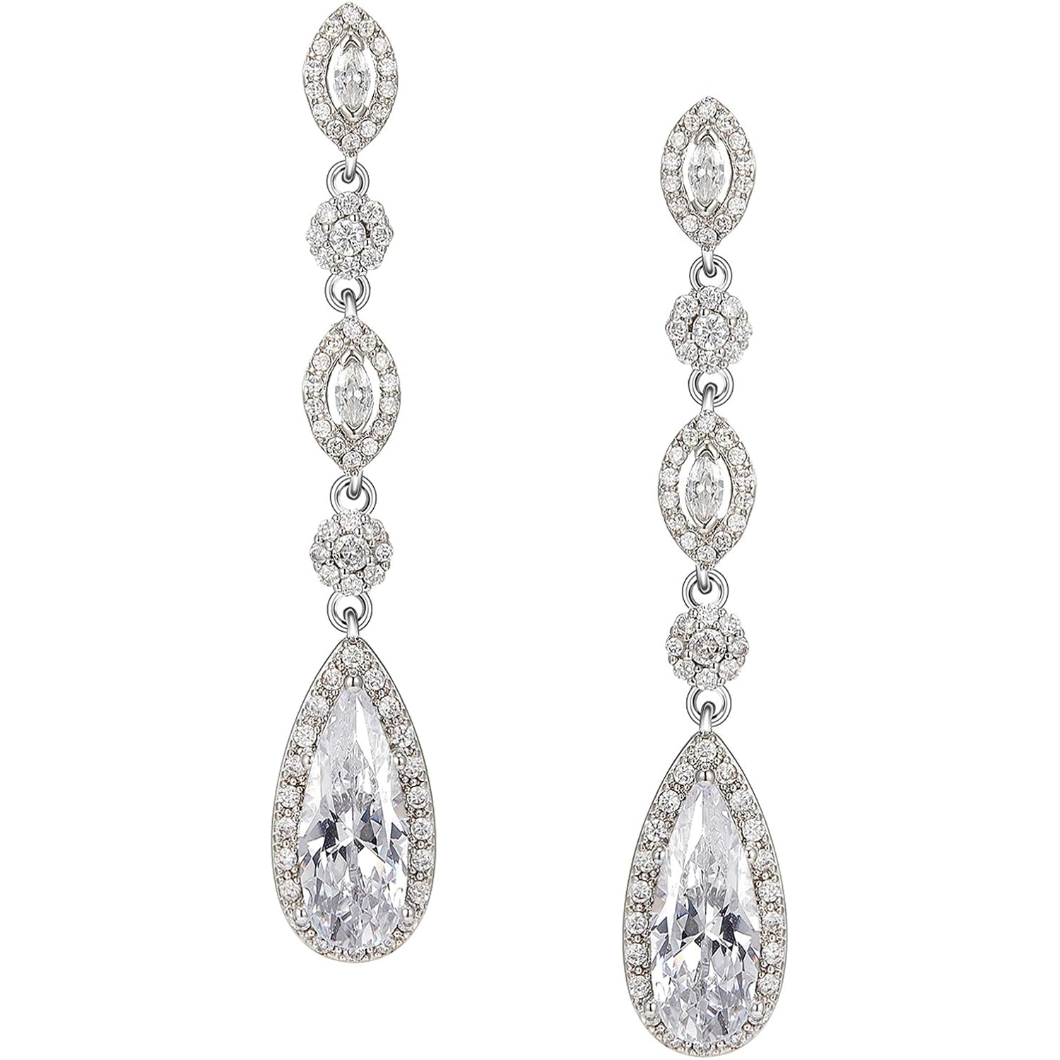 SWEETV Long Pear-Shaped Rose Gold Wedding Birdal Earrings for Brides, Bridesmaids, Crystal Chandelier Dangle Drop Earrings for Women Prom