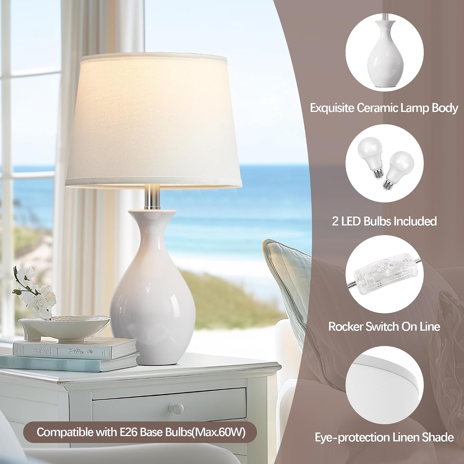 Table Lamp Set Of 2, Modern Ceramic Bedside Lamps For Night Stands, Classic Small Lamp Nightstand Lamp For Bedroom Living Room Desk End Table Rocker Swtich White