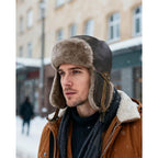 CLAPE Winter Trapper Hat with Ear Flaps, Waterproof PU Leather Aviator Hat with Faux Fur Lining for Men & Women