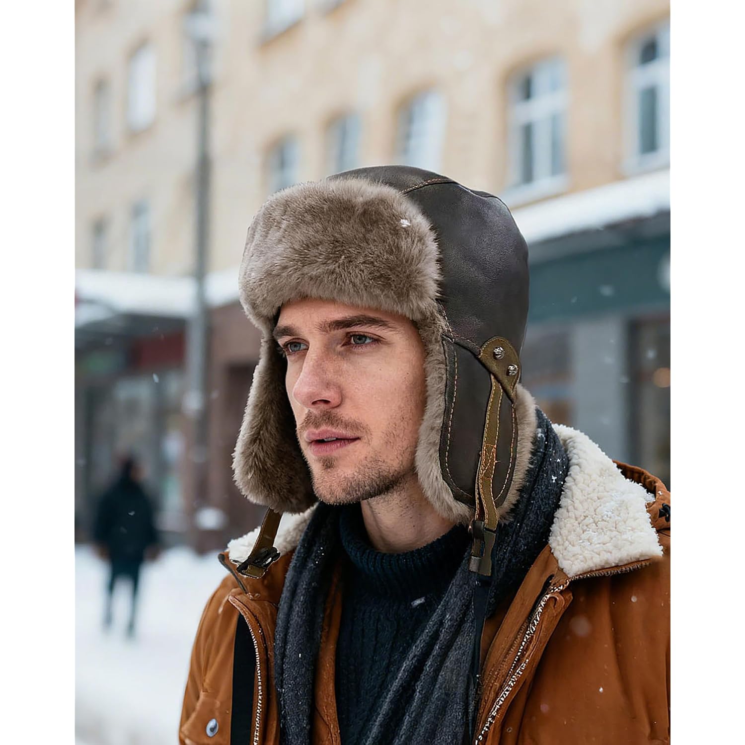 CLAPE Winter Trapper Hat with Ear Flaps, Waterproof PU Leather Aviator Hat with Faux Fur Lining for Men & Women