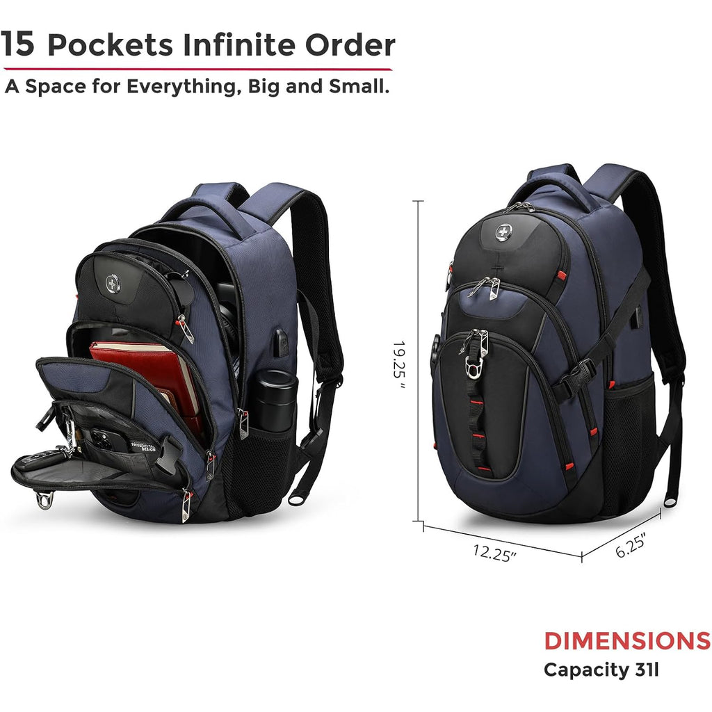 Swissdigital Design Laptop Backpack With Usb Charging Port, Travel Backpack Fits 15.6 Inches Computer, 31L College School Backpack For Men, Blue/Black | Sd803-12