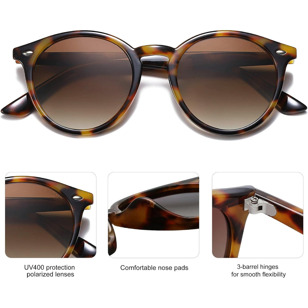 SOJOS Retro Round Polarized Sunglasses for Women Men Classic Vintage Sunnies SJ2069 Amber Tortoise/Brown