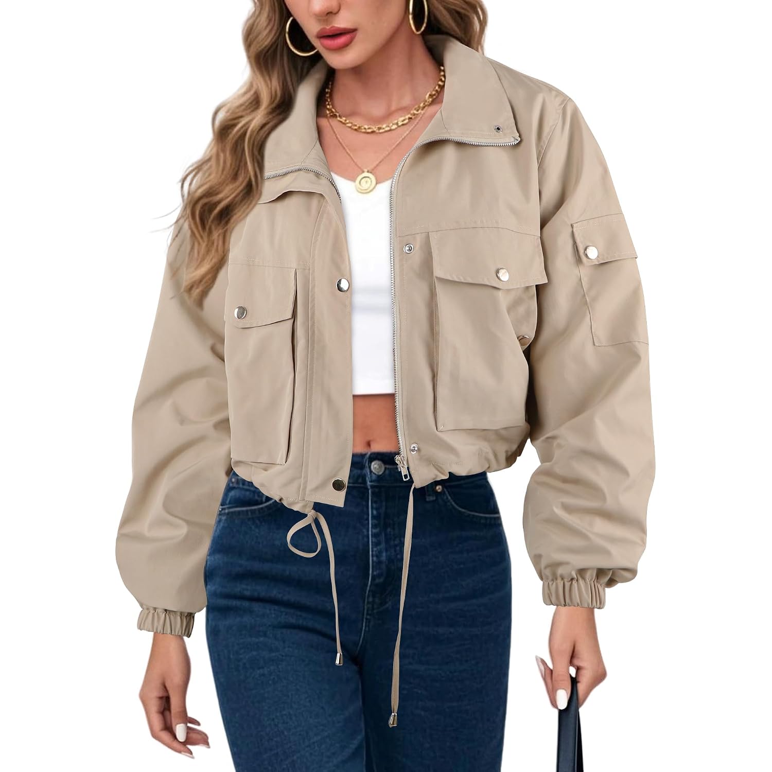 Womens Cropped Bomber Jacket 2026 Trendy Zip Up Lightweight Utility Anorak Coat With Pockets