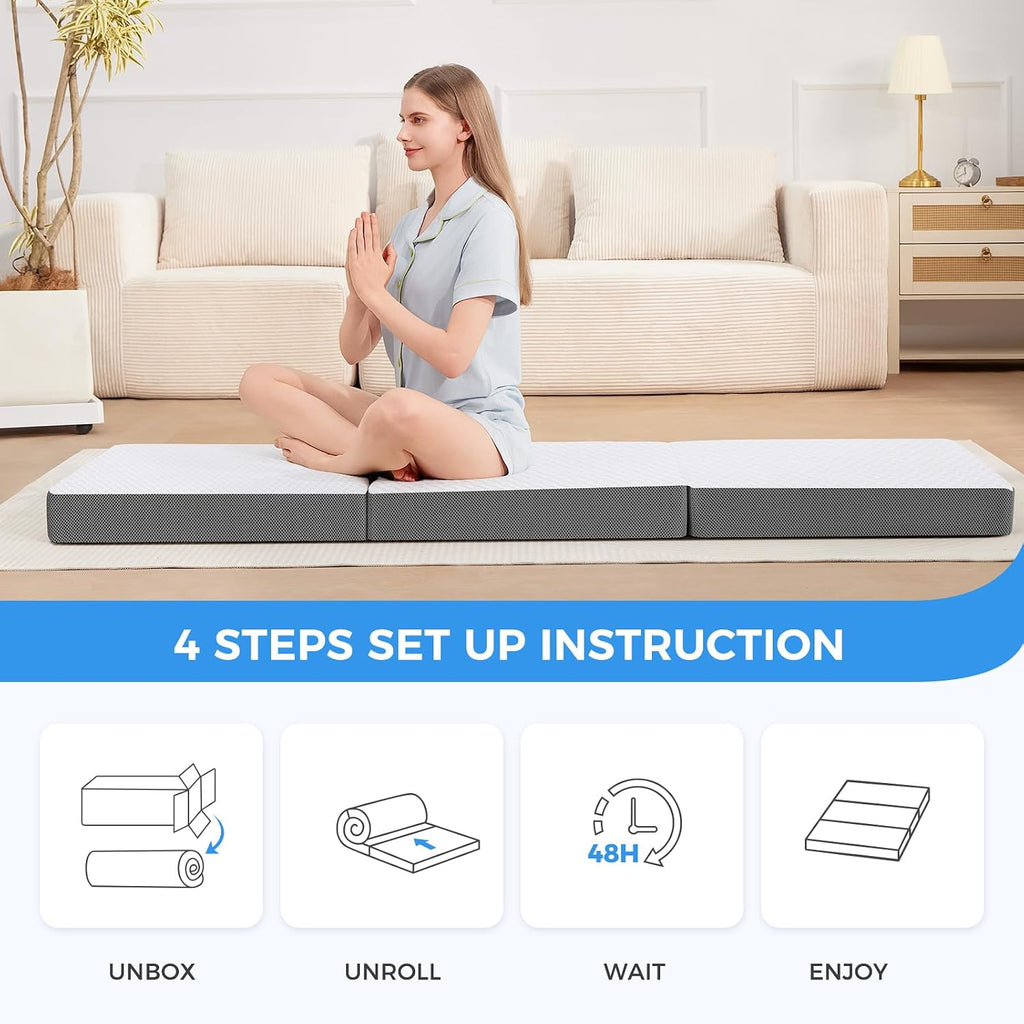 Masvis Trifold Mattress, 4 Inch Memory Foam Foldable Mattress With Washable Cover, Tri-Folding Floor Bed For Camping, Twin