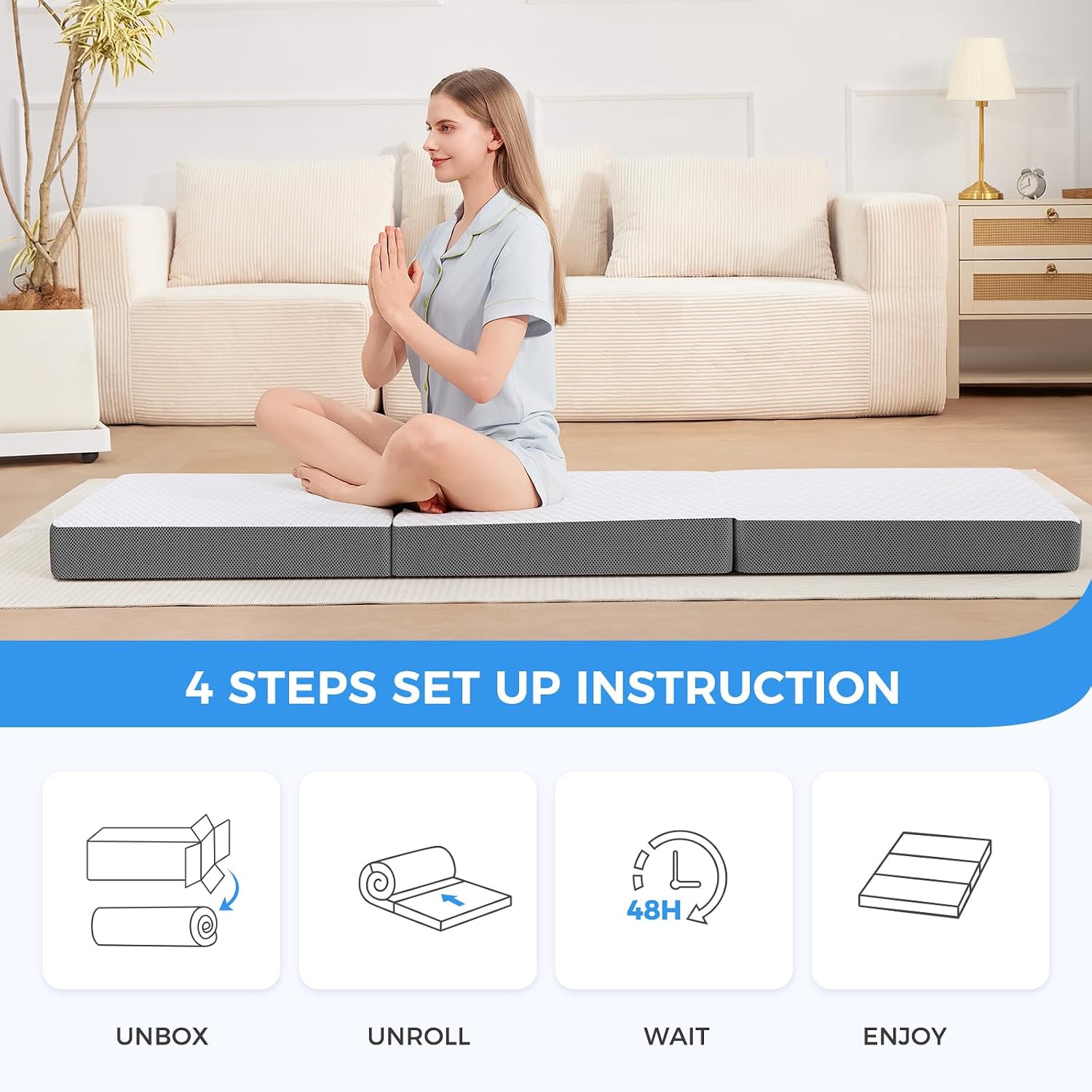 Masvis Trifold Mattress, 4 Inch Memory Foam Foldable Mattress With Washable Cover, Tri-Folding Floor Bed For Camping, Twin