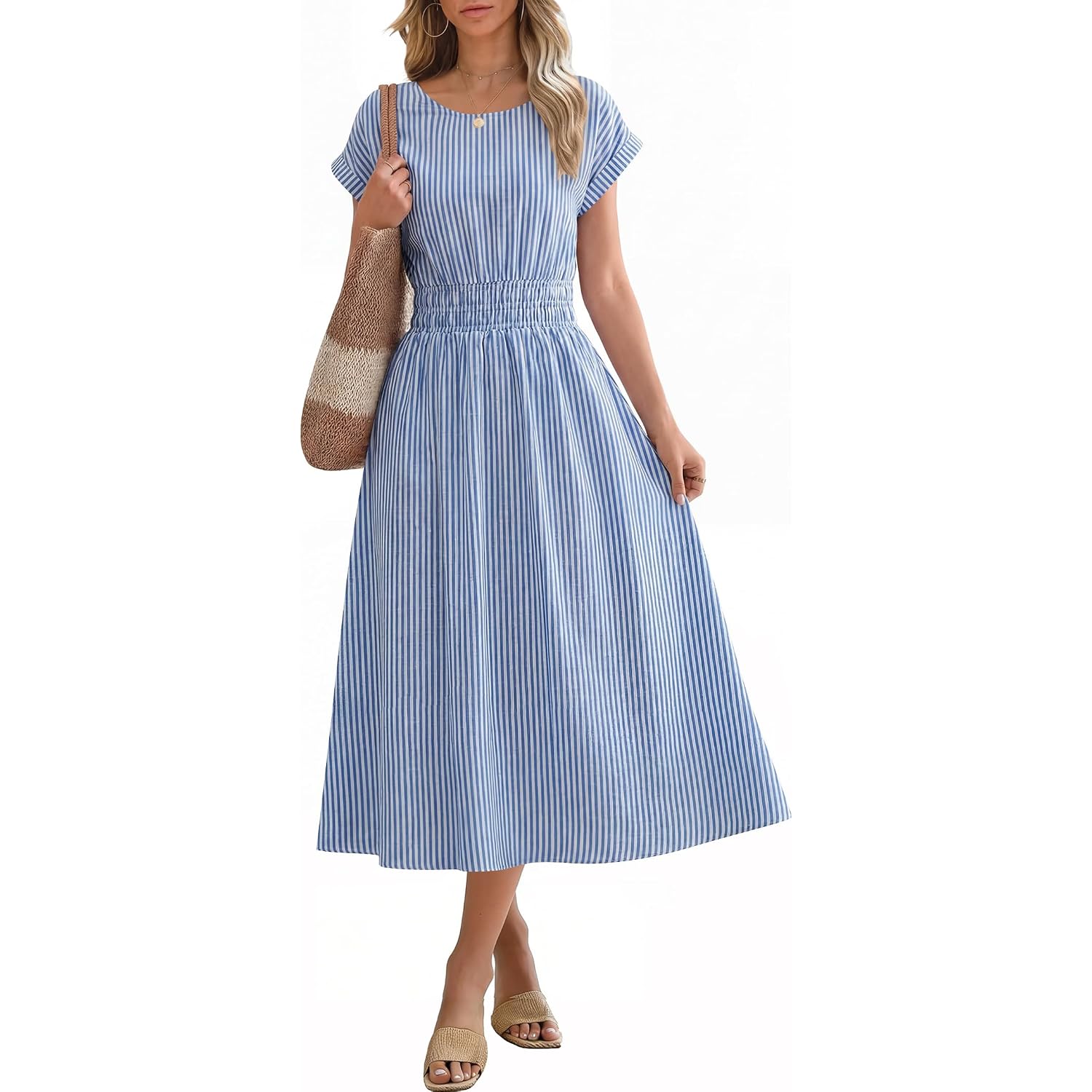 Anrabess Womens Summer Midi Dress Striped Casual Short Sleeve Crewneck Elastic Waist 2026 Flowy Long Beach Dress With Pockets